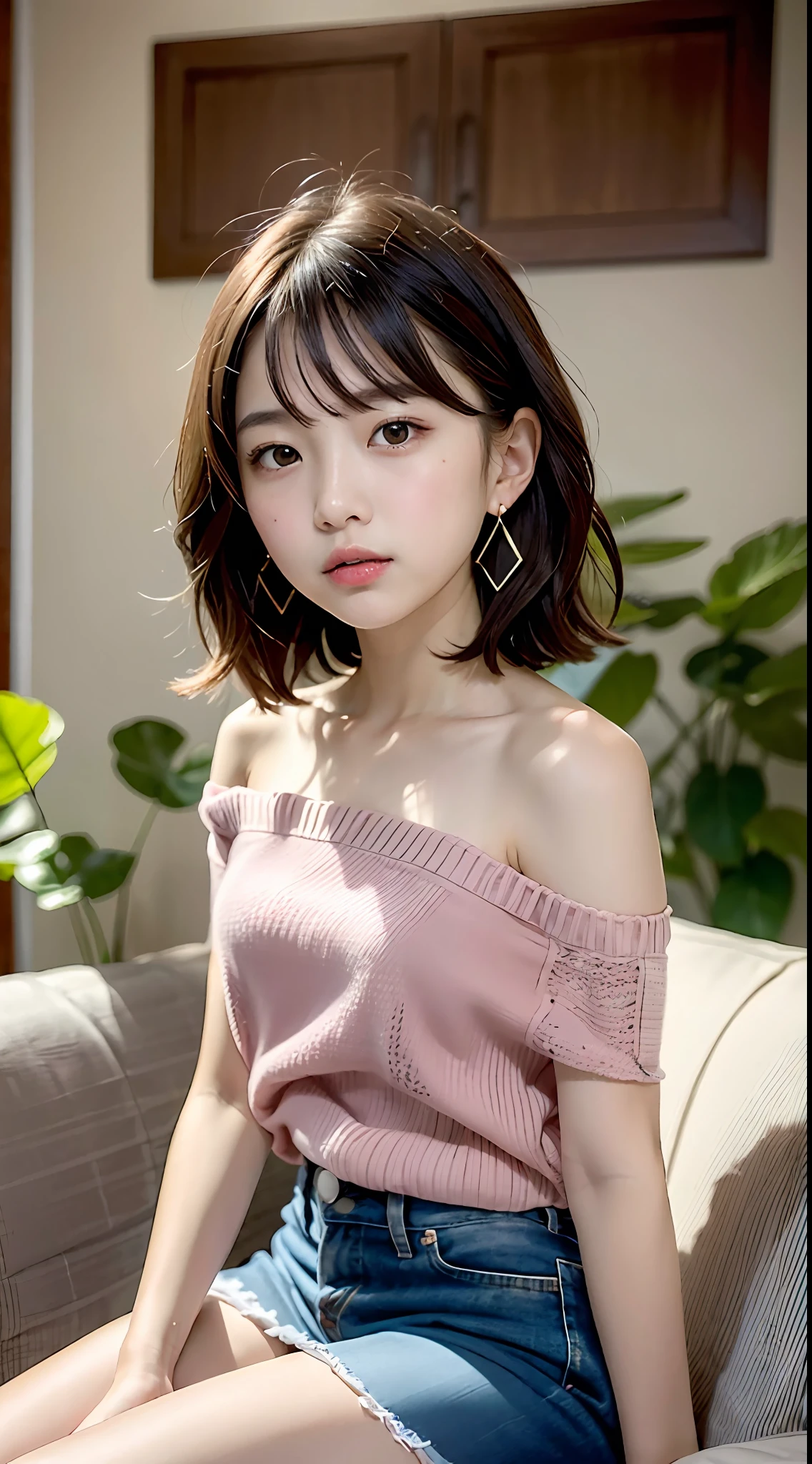 女の子1人、12 year old girl、A dark-haired（Cute Hair Styling）、garments（off shoulder t-shirt、a miniskirt）petite and very slender figure,,、Skinny Legs、manicure、simple earrings、Pink lip、a picture、realisticlying、top-quality、adopt、A detailed face、细致背景、depth of fields、Full-body angle of view、Sitting on the couch、sexuell、独奏