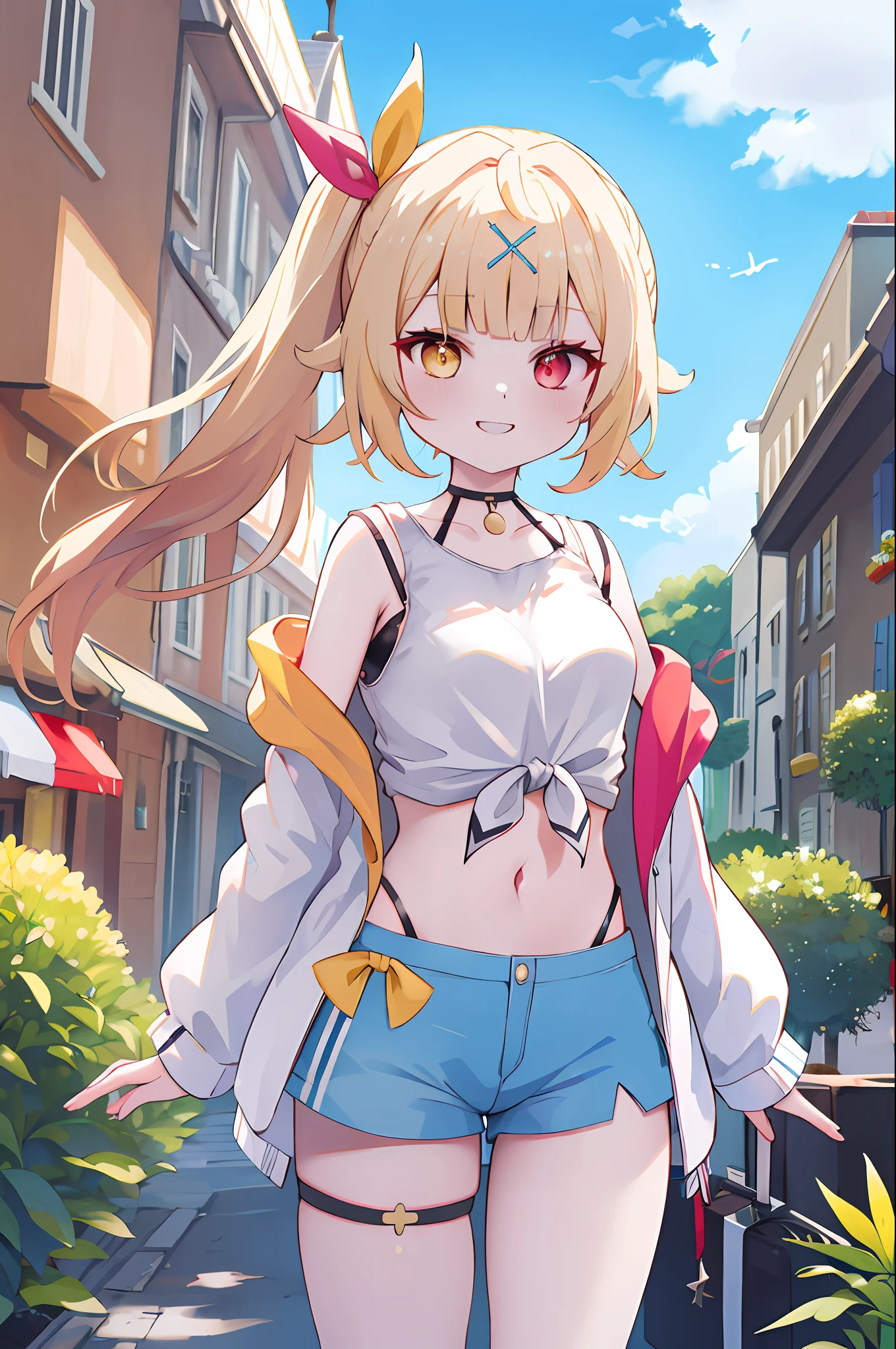 masterpiece, best quality, highres, hs1, red eyes, yellow eyes, side ponytail, x hair ornament, thigh strap, blue shorts, front-tie top, hair ribbon, midriff, short shorts, panty straps, white shirt, black choker, open jacket, cowboy shot, standing, smile, outdoors, garden