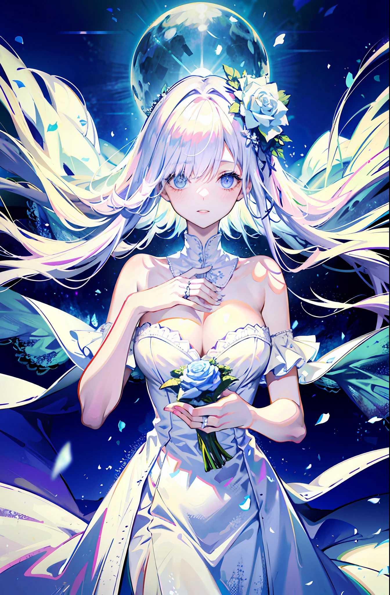 silber hair，butterflys，long whitr hair，white wedding gown，8k wallpaper，detailedbackground，Highest high resolution，deep v big breasts，Hair covers one eye，Bandeau wedding dress，chies，White rose，tight-fitting，chies，In the daytime，