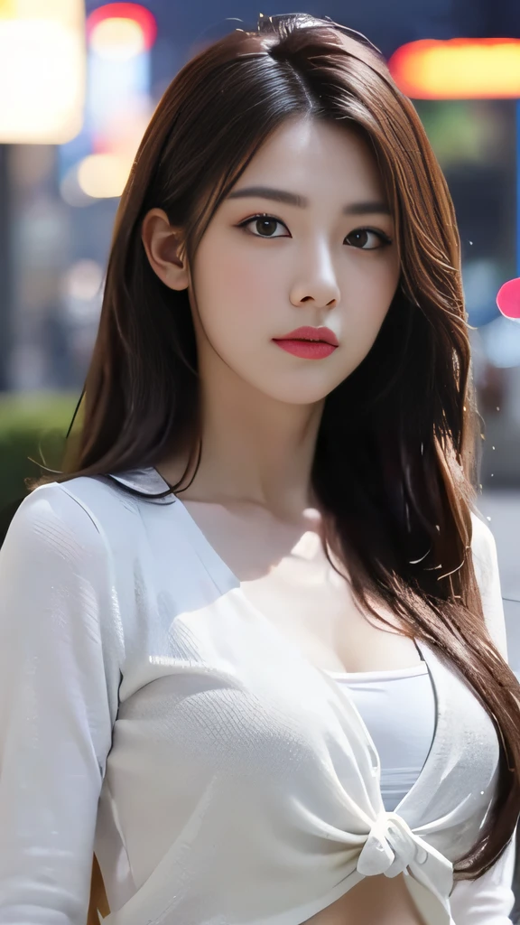 ((Realistic lighting, top quality, 8K, Masterpiece: 1.3)), Clear Focus: 1.2, 1 girl, Perfect Body Beauty: 1.4, Slim Abs: 1.1, ((Dark Brown Hair, Big: 1.3)), (Acceleration: 1.4), (Outdoor, Night: 1.1), Street, Slender Face, Narrow Eyes, Double Eyelids, Exposed Cleavage, Incredibly Ridiculous, Messy Hair, floating hair, long sleeve t-shirt, fashion model pose,
