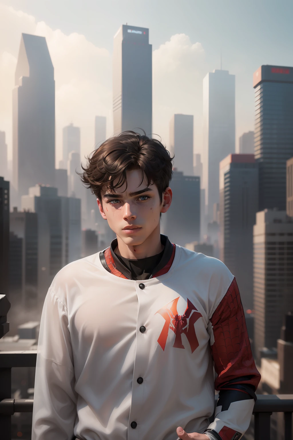 (1boy:1.3), Solo, (((Very detailed face)))), ((Very detailed eyes and face)))), Beautiful detail eyes, Body parts__, Official art, Unified 8k wallpaper, Super detailed, beautiful and beautiful, beautiful, masterpiece, best quality, original, masterpiece, super fine photo, best quality, super high resolution, realistic realism, sunlight, full body portrait, amazing beauty, dynamic pose, delicate face, vibrant eyes, (from the front), She wears Spider-Man suit, red and black color scheme, spider, very detailed city roof background, rooftop, overlooking the city, detailed face, detailed complex busy background, messy, gorgeous, milky white, highly detailed skin, realistic skin details, visible pores, clear focus, volumetric fog, 8k uhd, DSLR, high quality, film grain, fair skin, photo realism, lomography, futuristic dystopian megalopolis, translucent realistic face