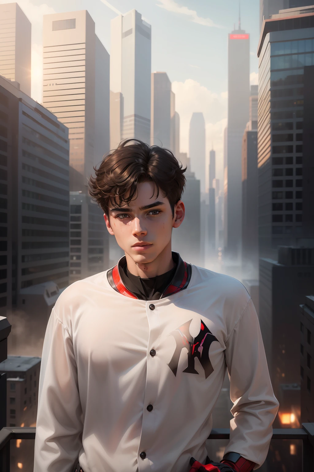 (1boy:1.3), Solo, (((Very detailed face)))), ((Very detailed eyes and face)))), Beautiful detail eyes, Body parts__, Official art, Unified 8k wallpaper, Super detailed, beautiful and beautiful, beautiful, masterpiece, best quality, original, masterpiece, super fine photo, best quality, super high resolution, realistic realism, sunlight, full body portrait, amazing beauty, dynamic pose, delicate face, vibrant eyes, (from the front), She wears Spider-Man suit, red and black color scheme, spider, very detailed city roof background, rooftop, overlooking the city, detailed face, detailed complex busy background, messy, gorgeous, milky white, highly detailed skin, realistic skin details, visible pores, clear focus, volumetric fog, 8k uhd, DSLR, high quality, film grain, fair skin, photo realism, lomography, futuristic dystopian megalopolis, translucent realistic face