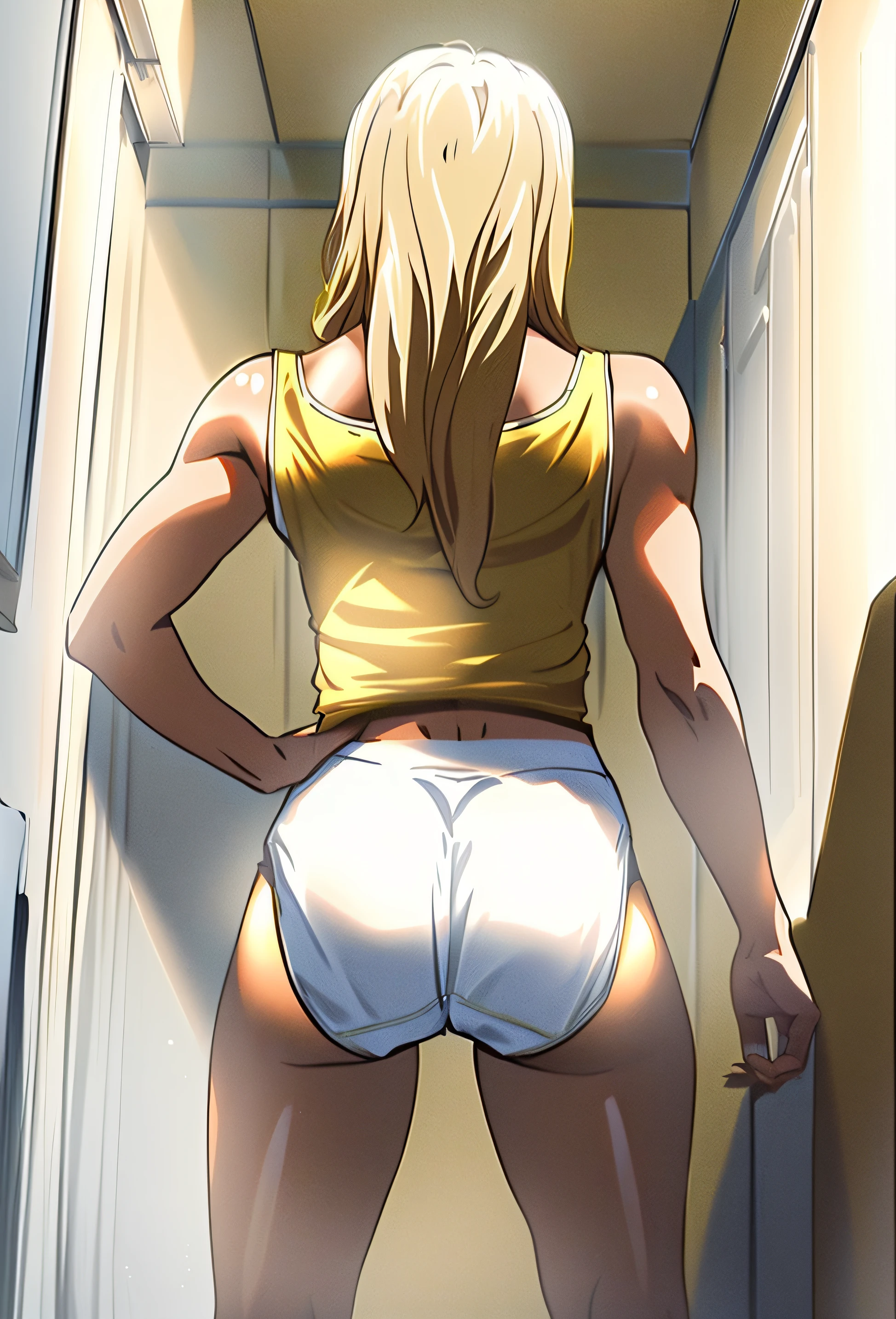 ((masterpiece, best quality)), ((Buff Blonde Norwegian woman in white tanktop and white full coverage panties)), (( looking completely forward)), back shot, large buttocks, backside emphasis, standing in bathroom, anime art style, intricate details