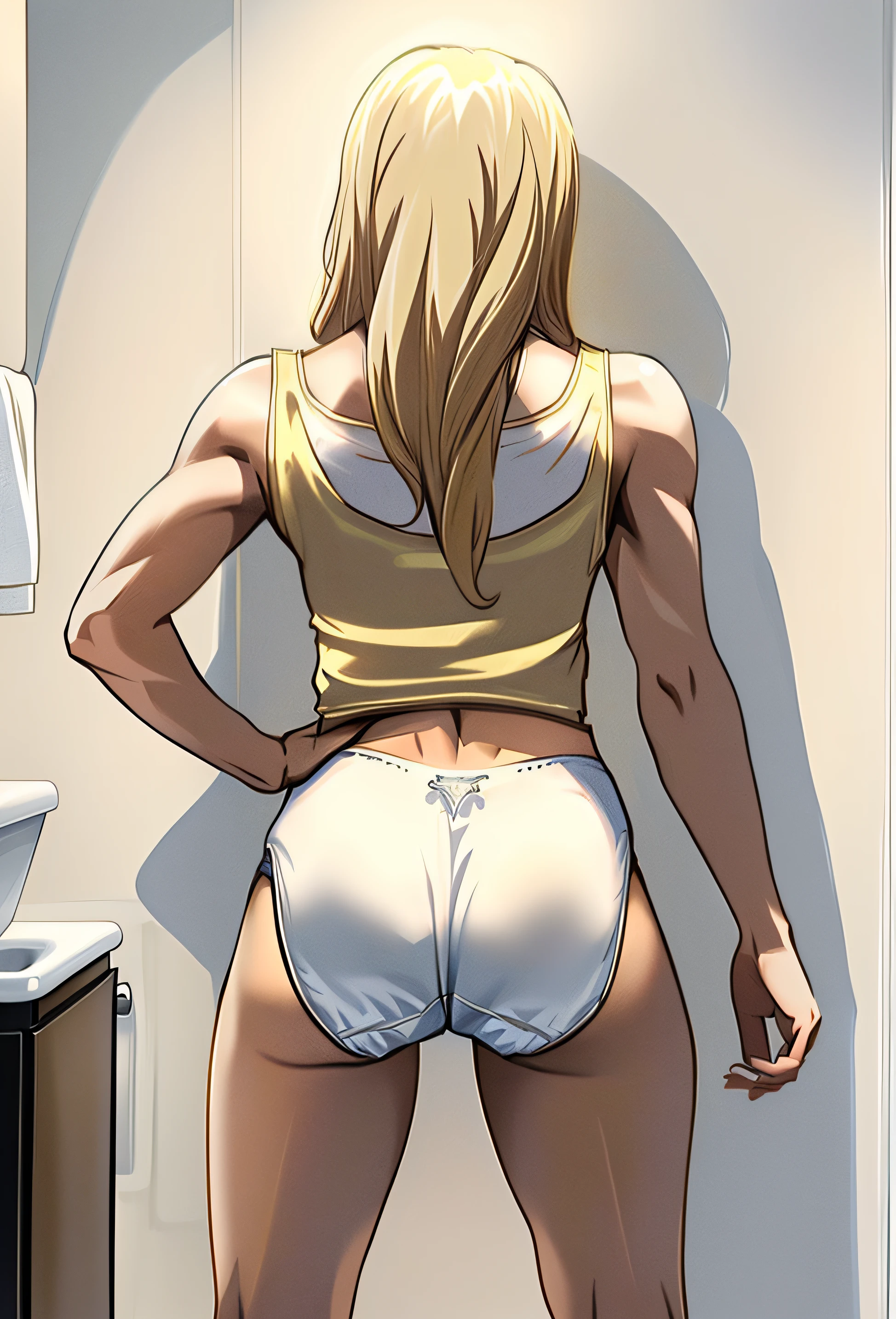 ((masterpiece, best quality)), ((Buff Blonde Norwegian woman in white tanktop and white full coverage panties)), (( looking completely forward)), back shot, large buttocks, backside emphasis, standing in bathroom, anime art style, intricate details