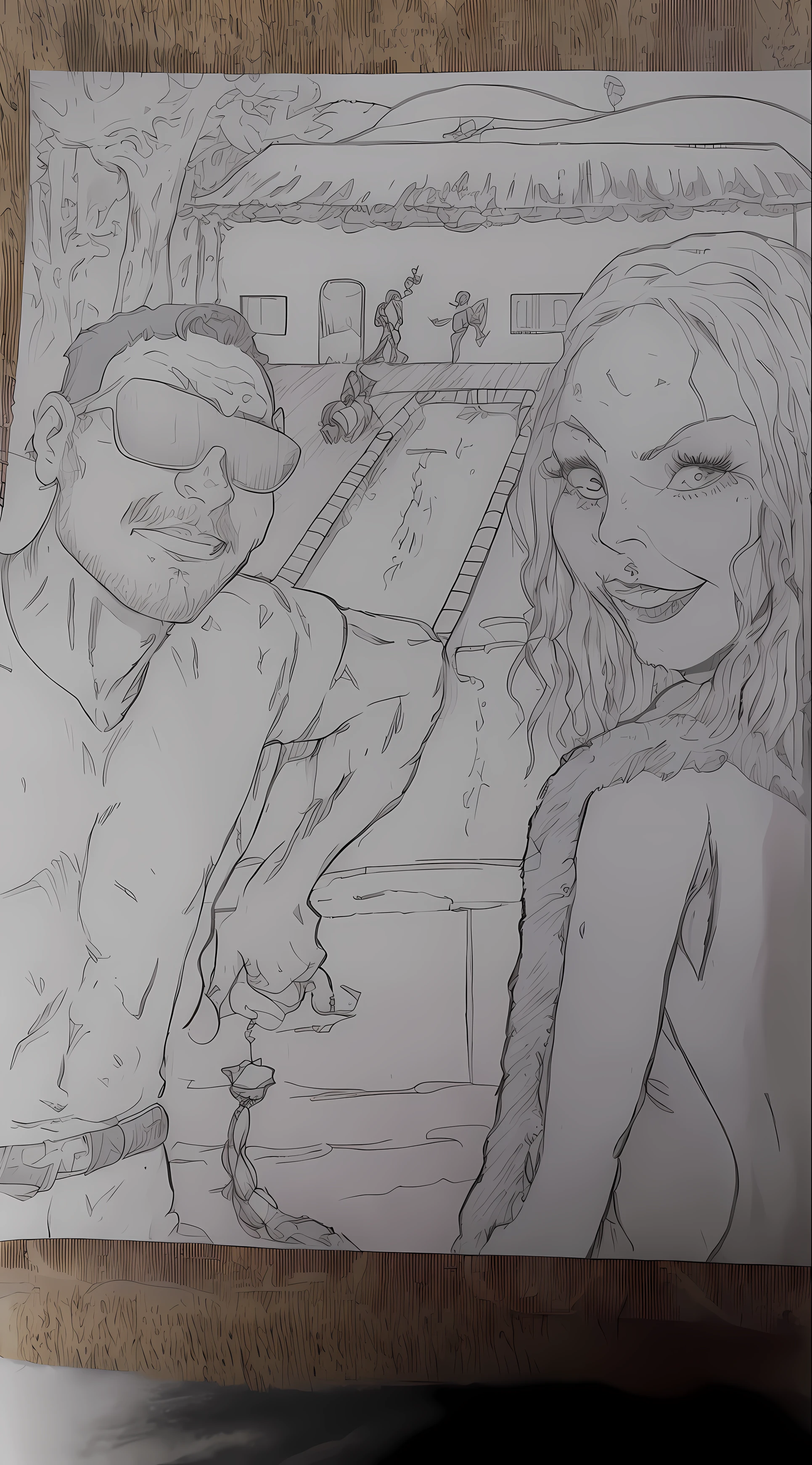 drawing of a man and woman standing next to a pool, art in the style of terry moore, comic drawing, pencile and ink, rafeal albuquerque comic art, david baldeon comic art, by Romain brook, caricature!!!, comic book arzach style, by Lee Loughridge, by Hugh Hughes, inspired by Asaf Hanuka, by Seb McKinnon