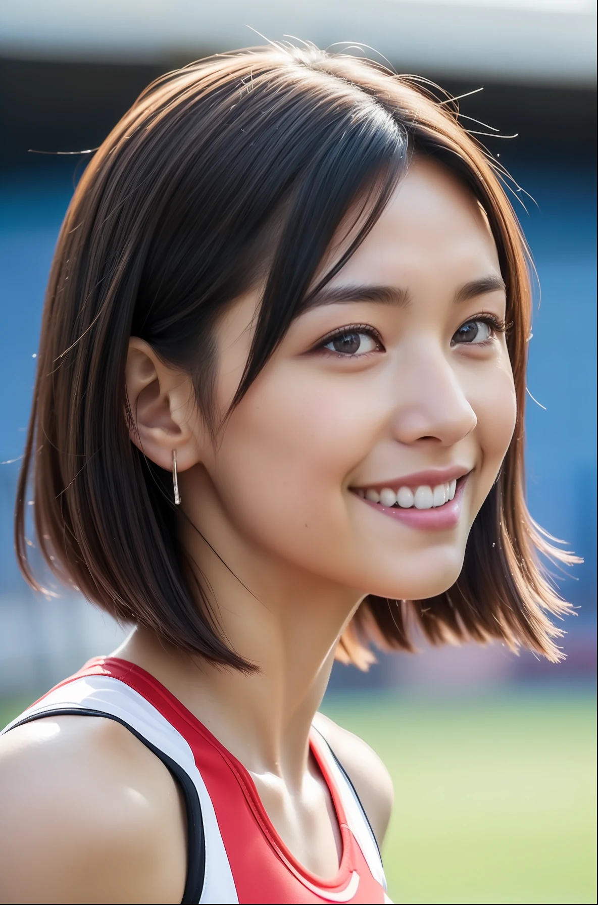 (((short-range、long distance、running、jogging、marason、Mass sweat)))、1 Beautiful Girl、Wet shirt、a wet body、((Track & Field Athletes Women))、(((1人)))、((Short-cut hairstyles))、Competition uniforms、((stadium))、Transcendent cute、A slight smil、Beautiful breasts、full bodyesbian、hairarmpits、athletic field、((Outstanding style))、((Healthy body))、 、Women in Japan、Photorealsitic、Beautiful detailed eyes、Hyper-Realism、highcontrast、Ultra HD、realistic skin textures、Top image quality、top-quality、超A high resolution、Fine details、Very meticulously