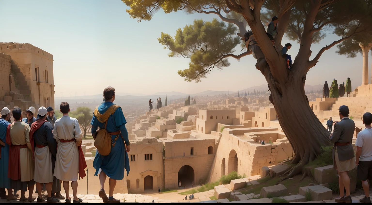 A man of short stature climbing a tree watching a king pass by and a crowd accompanying him in Israel two thousand years ago in an ancient city