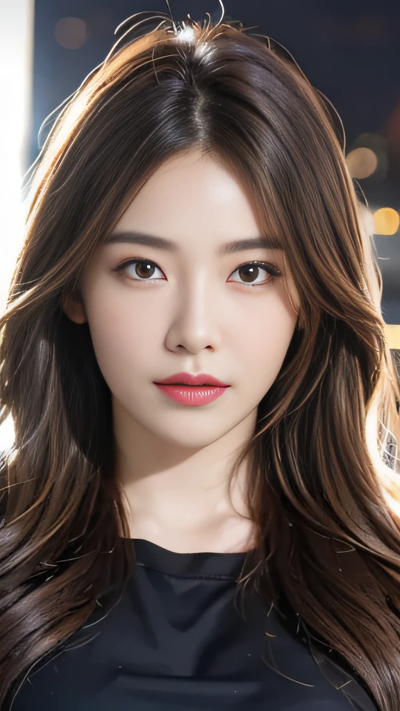 ((Realistic lighting, top quality, 8K, Masterpiece: 1.3)), Clear Focus: 1.2, 1 girl, Perfect Body Beauty: 1.4, Slim Abs: 1.1, ((Dark Brown Hair, Big: 1.3)), (Acceleration: 1.4), (Outdoor, Night: 1.1), Street, Slender Face, Narrow Eyes, Double Eyelids, Exposed Cleavage, Incredibly Ridiculous, Messy Hair, floating hair, long sleeve t-shirt, fashion model pose,