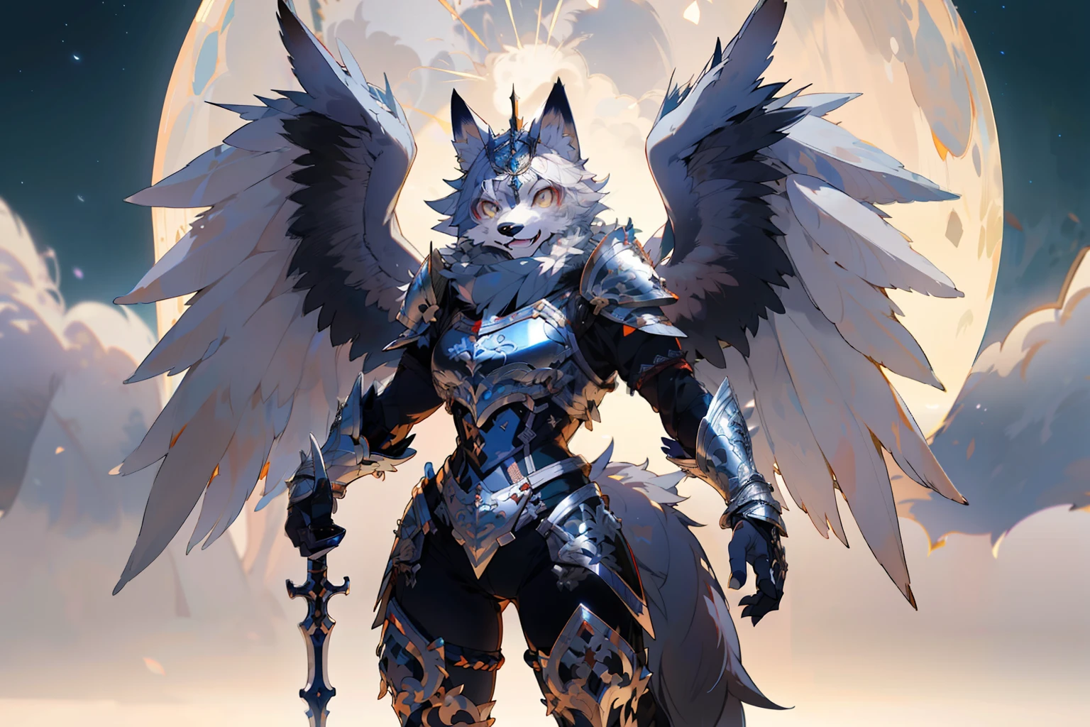anime - style image of a female warrior with wings and a sword, mystical anubis valkyrie, husky in shiny armor, wolf armor, 2. 5 d cgi anime fantasy artwork, winged wolves, kitsune inspired armor, angel in plastic armor, female anthropomorphic wolf, art of silverfox, aion, sfw version, wearing intricate fur armor