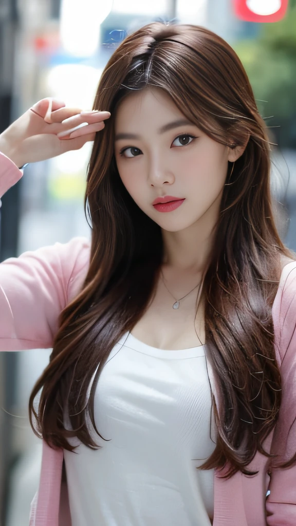 ((Realistic lighting, top quality, 8K, Masterpiece: 1.3)), Clear Focus: 1.2, 1 girl, Perfect Body Beauty: 1.4, Slim Abs: 1.1, ((Dark Brown Hair, Big: 1.3)), (Acceleration: 1.4), (Outdoor, Night: 1.1), Street, Slender Face, Narrow Eyes, Double Eyelids, Exposed Cleavage, Incredibly Ridiculous, Messy Hair, floating hair, long sleeve t-shirt, fashion model pose,