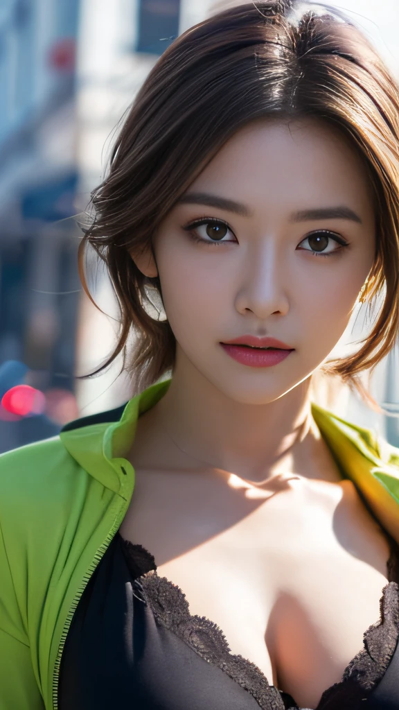((Realistic lighting, top quality, 8K, Masterpiece: 1.3)), Clear Focus: 1.2, 1 girl, Perfect Body Beauty: 1.4, Slim Abs: 1.1, ((Dark Brown Hair, Big: 1.3)), (Acceleration: 1.4), (Outdoor, Night: 1.1), Street, Slender Face, Narrow Eyes, Double Eyelids, Exposed Cleavage, Incredibly Ridiculous, Messy Hair, floating hair, long sleeve t-shirt, fashion model pose,