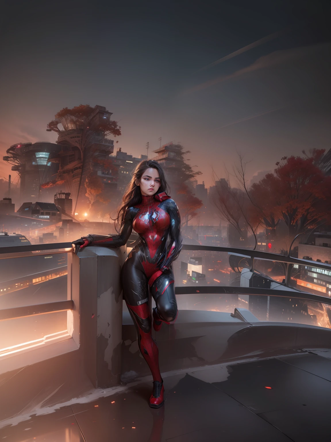 (1girl:1.3), Solo, (((Very detailed face)))), ((Very detailed eyes and face)))), Beautiful detail eyes, Body parts__, Official art, Unified 8k wallpaper, Super detailed, beautiful and beautiful, beautiful, masterpiece, best quality, original, masterpiece, super fine photo, best quality, super high resolution, realistic realism, sunlight, full body portrait, amazing beauty, dynamic pose, delicate face, vibrant eyes, (from the front), She wears Spider-Man suit, red and black color scheme, spider, very detailed city roof background, rooftop, overlooking the city, detailed face, detailed complex busy background, messy, gorgeous, milky white, highly detailed skin, realistic skin details, visible pores, clear focus, volumetric fog, 8k uhd, DSLR, high quality, film grain, fair skin, photo realism, lomography, futuristic dystopian megalopolis, translucent realistic face