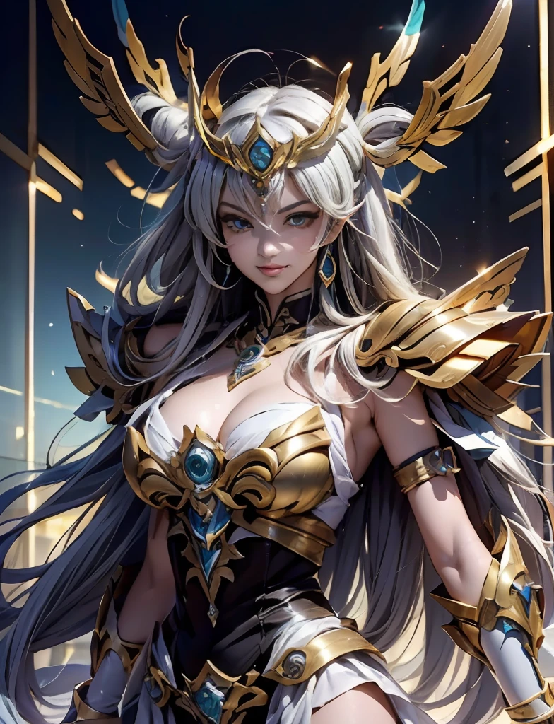 Estilo cyberpunk mecha Saint Seiya Kamen Rider Queen agachado no trono, tecnologia antiga, lenda antiga, cabelo branco (meias brancas: 1.5) (Trono: 1.4), espada, (Mecha God of War), egyptian style, (Saint Seiya: 1.7), Taoist symbols, (dragon pattern: 1.6), (fio de ouro: 1.5) 8k, complexo, elegante, altamente detalhado, majestoso, fotografia digital, pintura surrealista