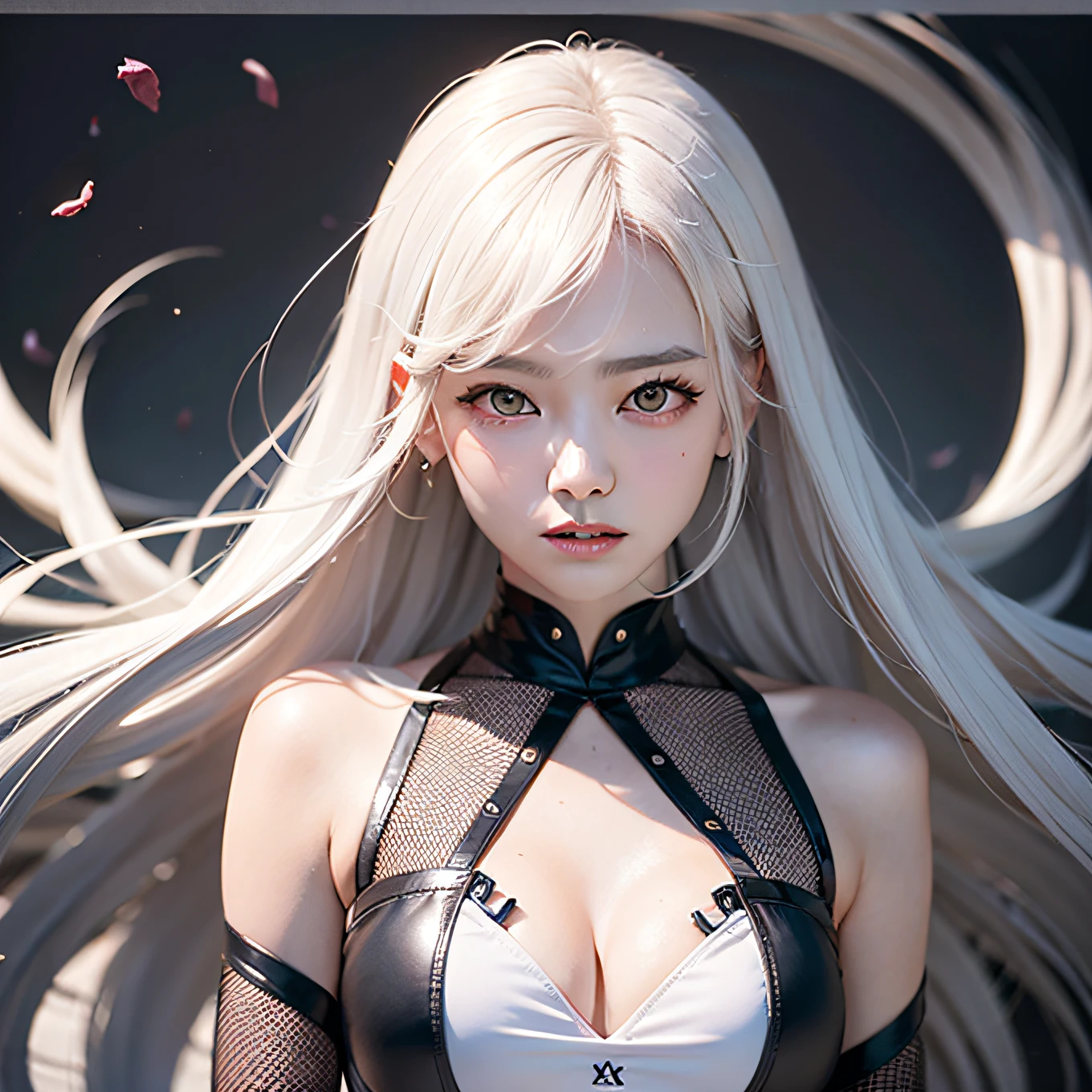 best qualtiy, tmasterpiece, 超A high resolution, full bodyesbian(Realistis:1.5), Artistically, RAW photogr, 动态照明, A high resolution, Sharp focus, depth of fields,1girl, Medium chest, tmasterpiece, Best quality at best, ultra-detailliert, illustratio, white color hair,Super detailed face, face with high quality, The upper part of the body,Fight,bleed,torn outfit,short sword