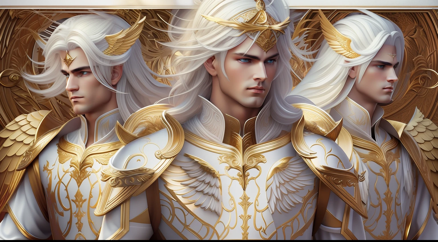 Close-up of 3 angels (Male), (three imposing male angels), with white hair and wings, with white heavenly armor and golden details, majestic angels with a full body, male halo, archangel, --v 6