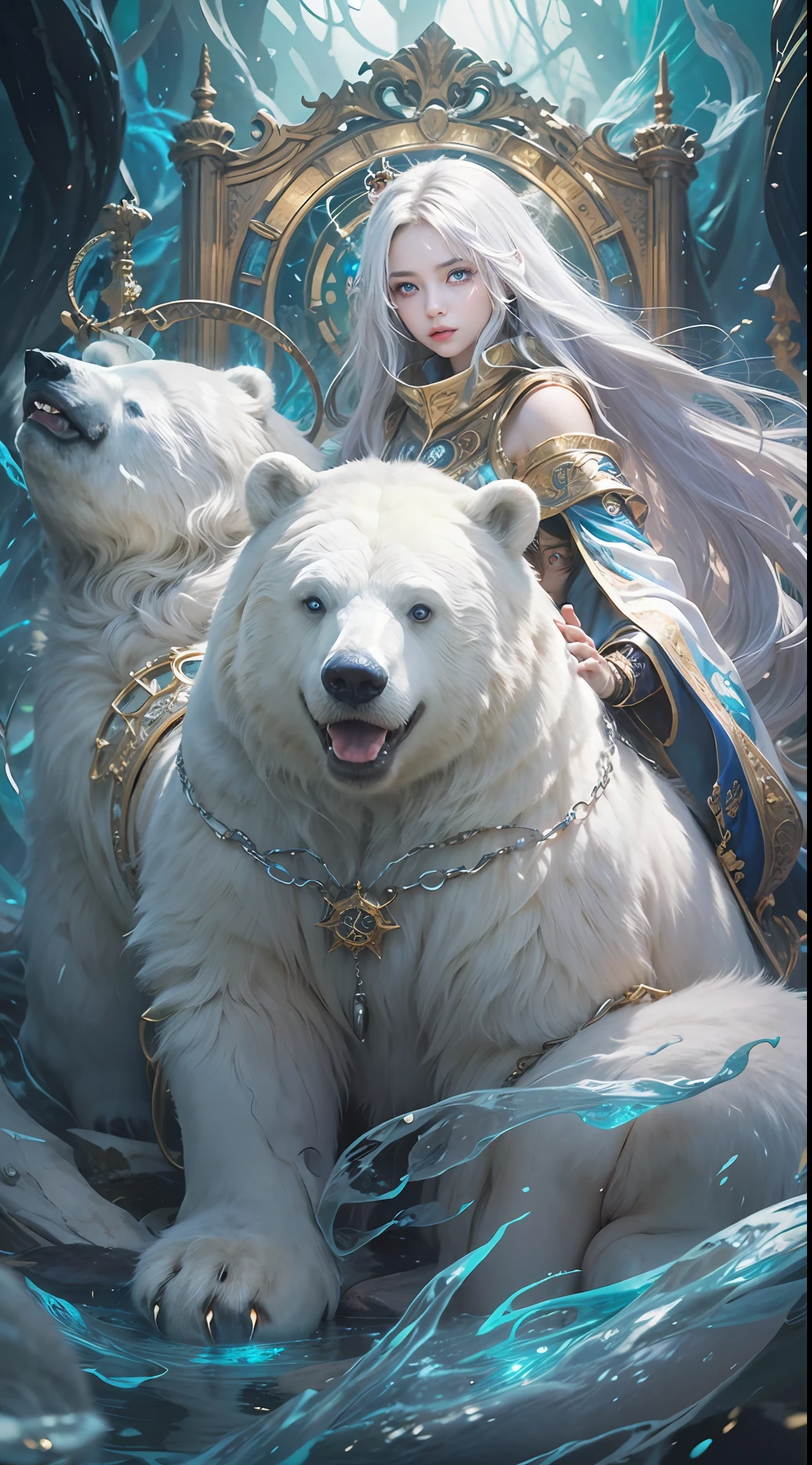 A crystal castle sealed in a magic book,Blood,Night, Dark, (fantasy),unlimited,Deep blue sky,The abyss of knowledge,cowl,((masutepiece)), (((Best quality))),((Beautiful fine eyes)),(eyeslashes)、(((Beautiful girl riding a huge white bear)))、(1 rapariga)、The perfect human structure、Blowing in the wind、long whitr hair、abyss eyes、glowy skin、oiled、small tits、Wizard robes、Tattered fabric、Realistic coat、Think、Super delicate CG Unity 32k wallpaper、tmasterpiece, ((ultra - detailed)), ((illustratio)),Extremely colorful,the wallpaper,energy,Unknown terror,mind bending,Around the magic,Magical environment,wands,Boken,Flight page,Know it all,Predicting the future、Learn about the past、Infinite wisdom、Blue Flame、Warlock、Magic Circles、pentacle、Spells、mantra、Singing magic