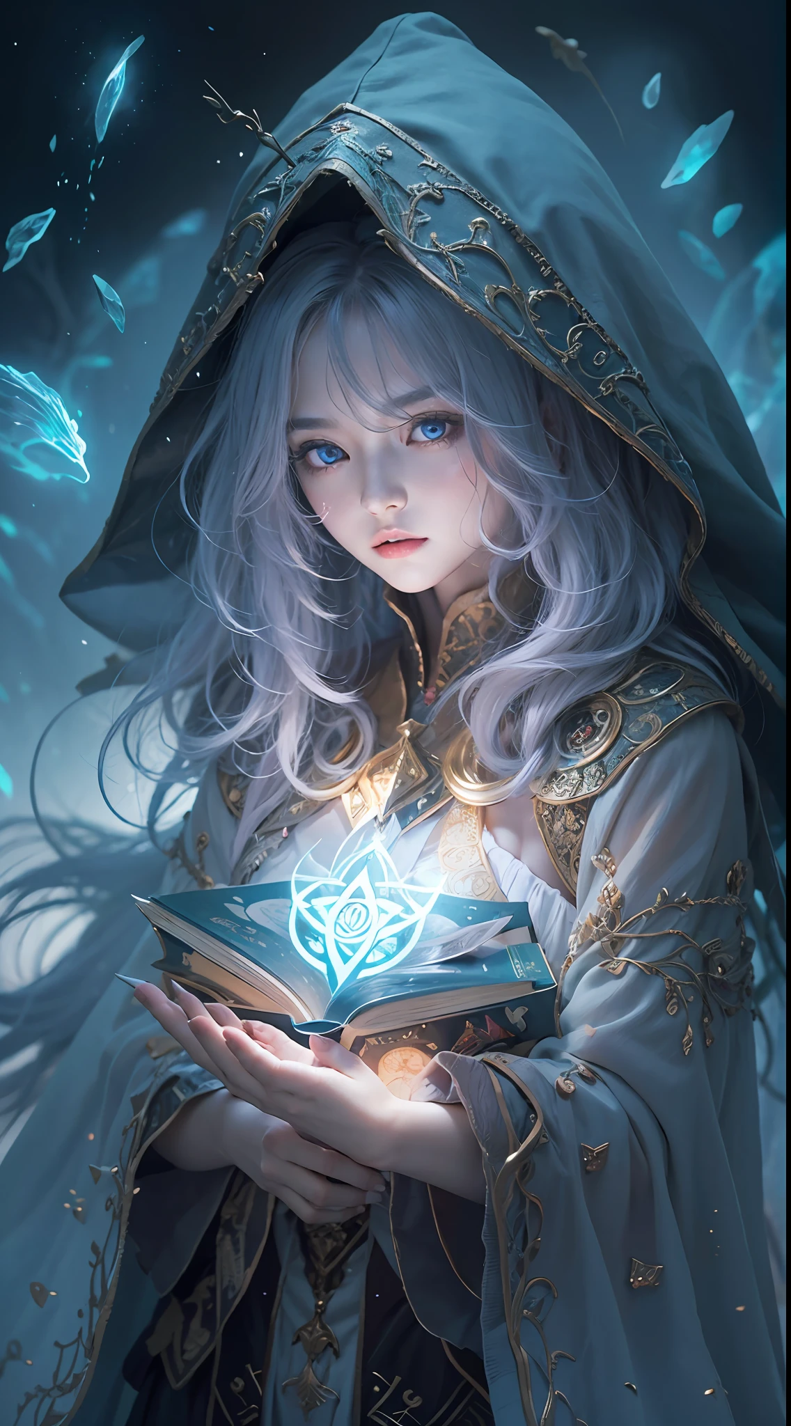 A crystal castle sealed in a magic book,Blood,Night, Dark, (fantasy),unlimited,Deep blue sky,The abyss of knowledge,cowl,((masutepiece)), (((Best quality))),((Beautiful fine eyes)),(eyeslashes)、(((Beautiful girl riding a huge white bear)))、(1 rapariga)、The perfect human structure、Blowing in the wind、long whitr hair、abyss eyes、glowy skin、oiled、small tits、Wizard robes、Tattered fabric、Realistic coat、Think、Super delicate CG Unity 32k wallpaper、tmasterpiece, ((ultra - detailed)), ((illustratio)),Extremely colorful,the wallpaper,energy,Unknown terror,mind bending,Around the magic,Magical environment,wands,Boken,Flight page,Know it all,Predicting the future、Learn about the past、Infinite wisdom、Blue Flame、Warlock、Magic Circles、pentacle、Spells、mantra、Singing magic