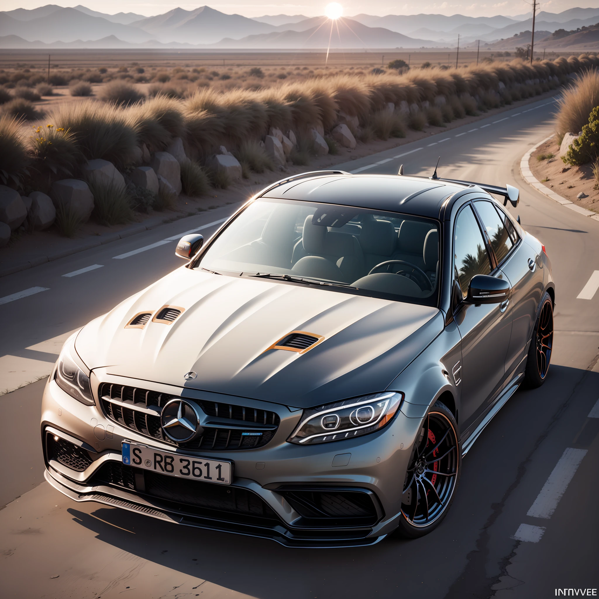 Mercedes benz C63 estilo snthwve, onda de luz, sun sunset, intrincada, altamente detalhada