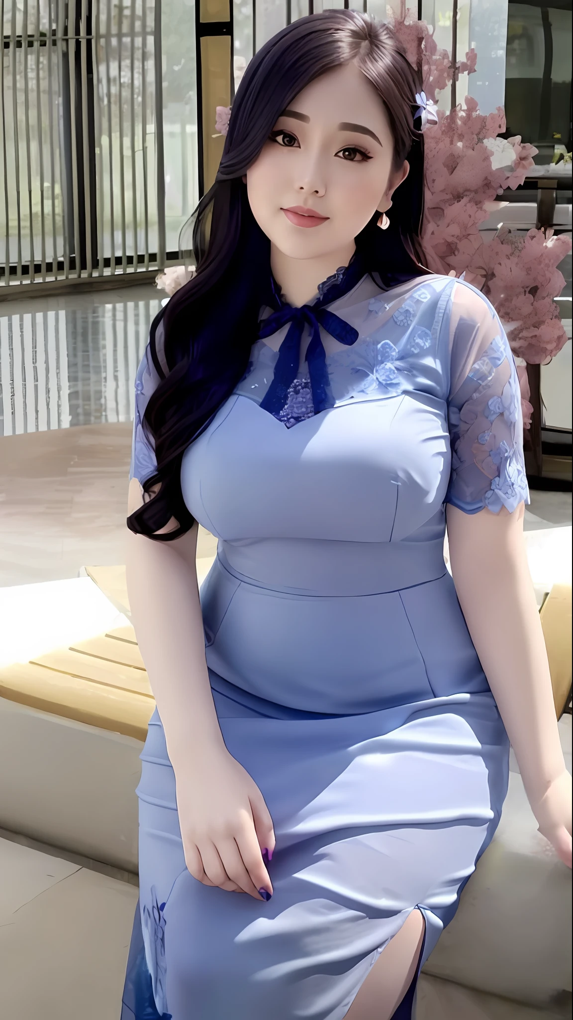 Close-up of a woman in a blue dress sitting on a bench, in a blue qipao, curvy and bow, bbwchan, wear blue dresses, wearing blue dress, wearing a blue qipao dress, skinny waist and thick hips, sakimichan, Wearing a blue dress, Gorgeous lady, Blue dress, Lovely woman, clear curvy details