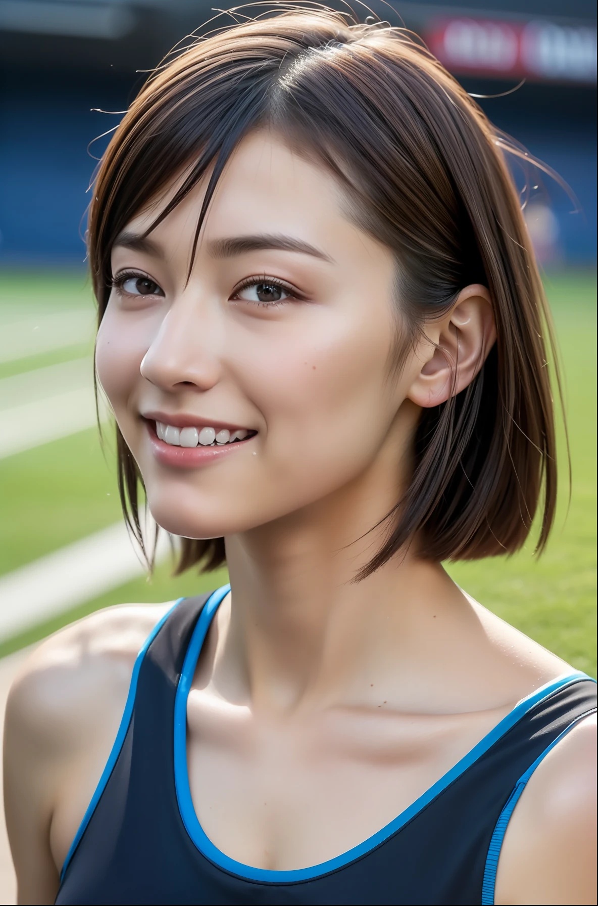 (((short-range、long distance、running、jogging、marason、Mass sweat)))、1 Beautiful Girl、Wet shirt、a wet body、((Track & Field Athletes Women))、(((1人)))、((Short-cut hairstyles))、Competition uniforms、((stadium))、Transcendent cute、A slight smil、Beautiful breasts、full bodyesbian、hairarmpits、athletic field、((Outstanding style))、((Healthy body))、 、Women in Japan、Photorealsitic、Beautiful detailed eyes、Hyper-Realism、highcontrast、Ultra HD、realistic skin textures、Top image quality、top-quality、超A high resolution、Fine details、Very meticulously