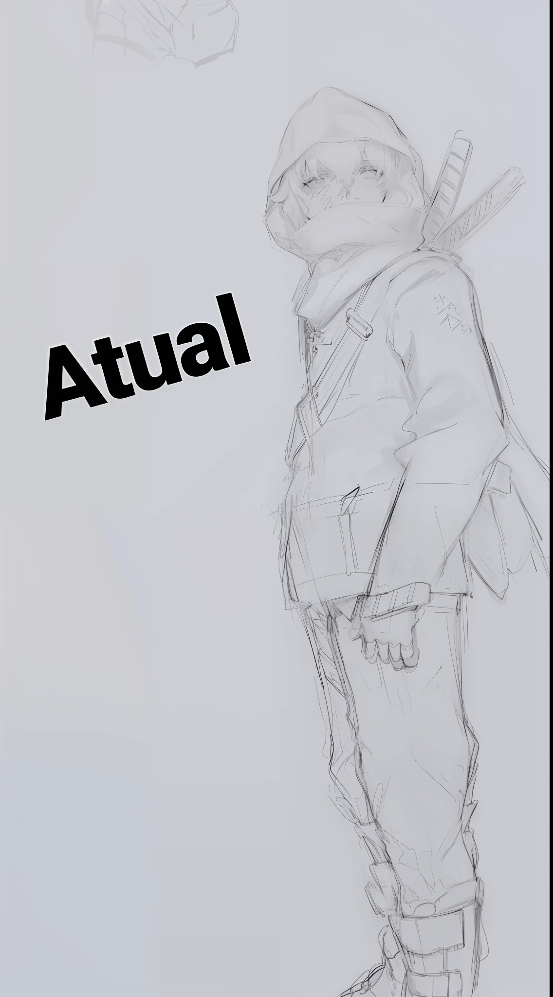 There is a drawing of a man with a gun and a hood, Pose casual, Pose neutra, desenho de caracteres de corpo inteiro, conceito de personagem irrealista, retrato de corpo inteiro de um curto!, single character full body, Desenho de corpo inteiro, anime full body illustration, Personagem de corpo inteiro, conceito de personagem realista, full body character concept, design de roupa clara, !!retrato de corpo inteiro!!