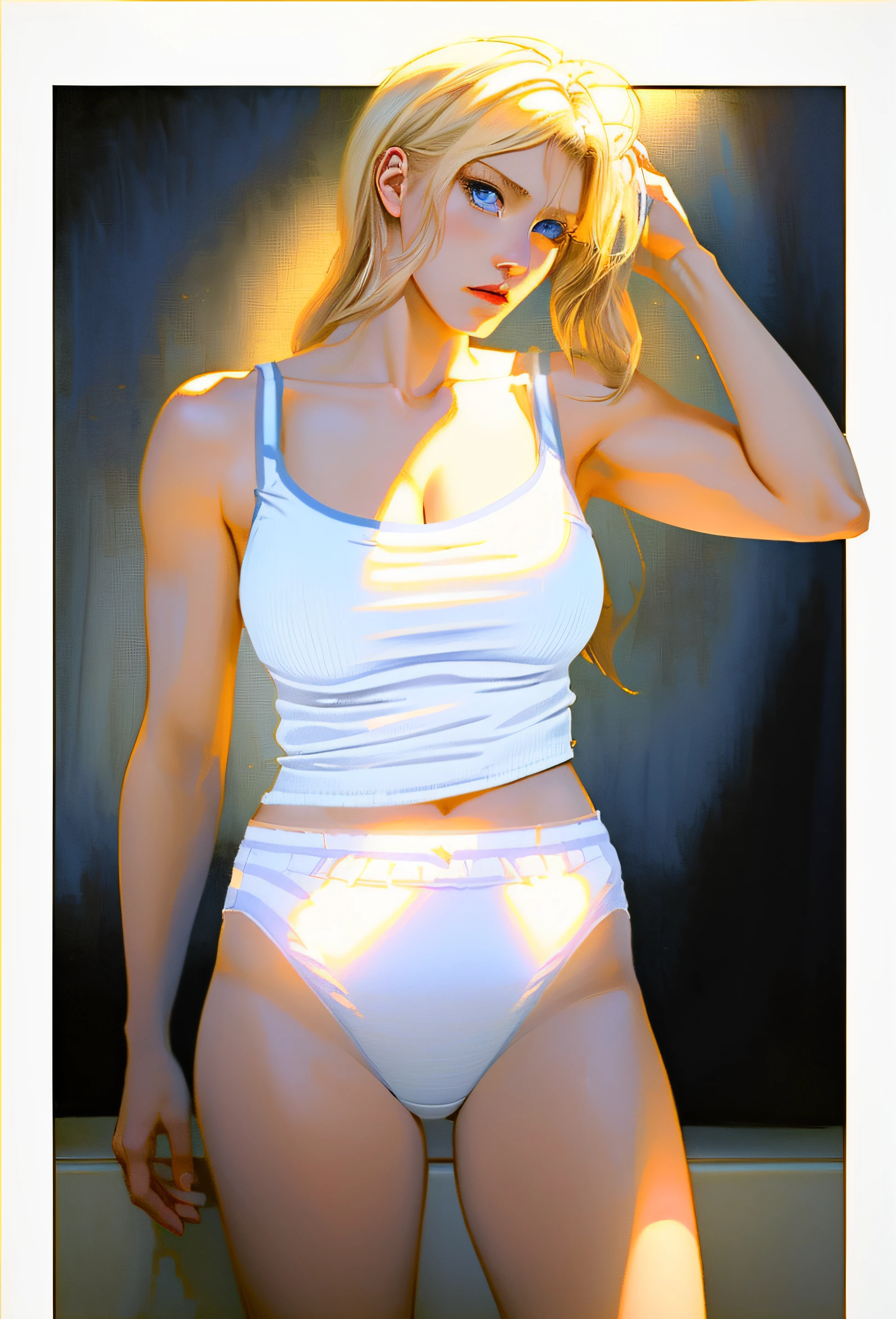 ((masterpiece, best quality)), ((Buff Blonde Norwegian woman in white tanktop and white high cut panties)), (( Blue eyes)), standing in bathroom, anime art style, intricate details