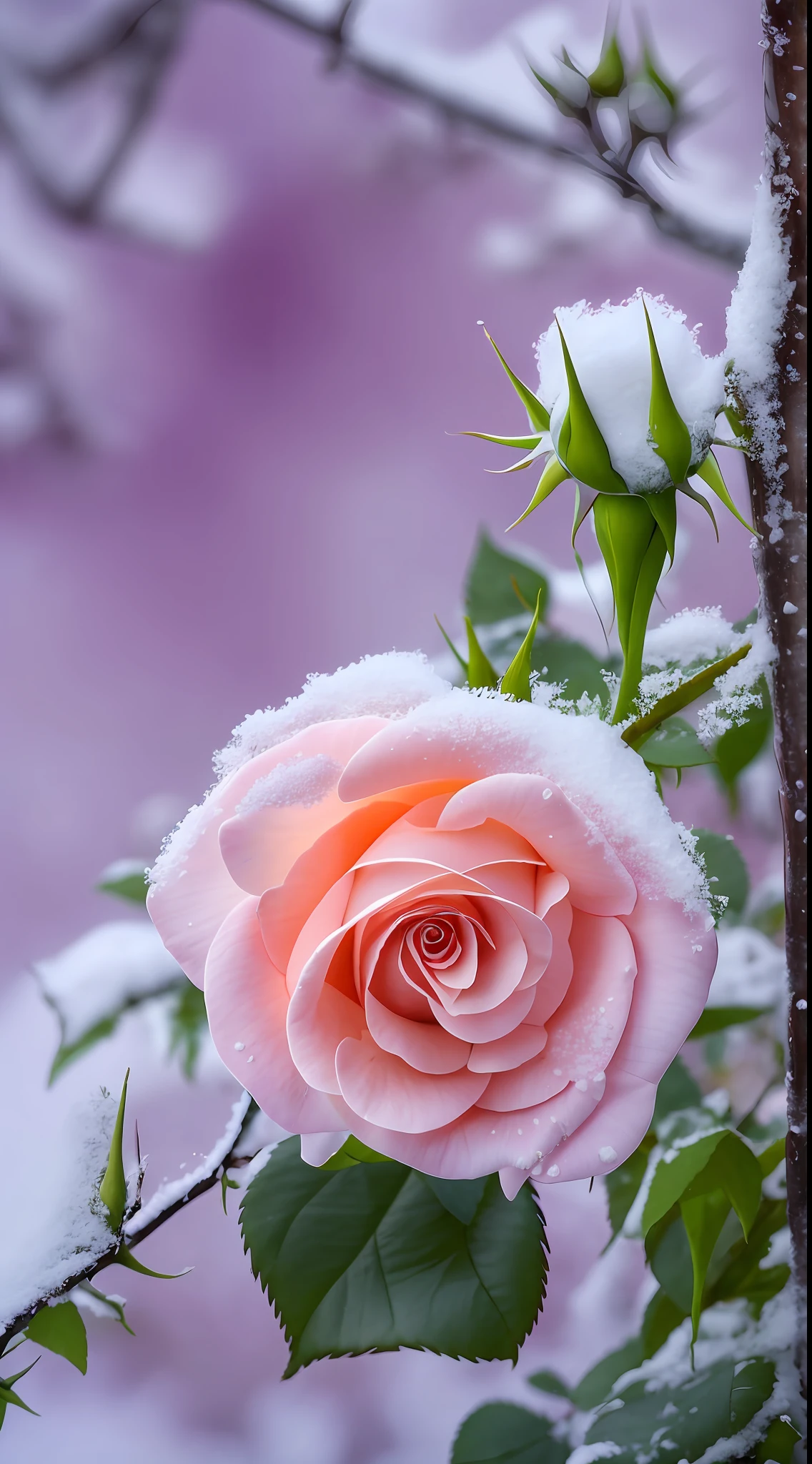 There is a rose in the snow on the tree, with frozen flowers around her, Dust and snow, very beautiful photograph of, Rose, Beautiful nature, Cold but beautiful, in shades of peach, beautiful flowers, Gentle snow, Today\'s featured photograph 4k, Pink rose, Beautiful composition, Really beautiful nature, Incredibly beautiful, !!Natural beauty!!, photo of a rose