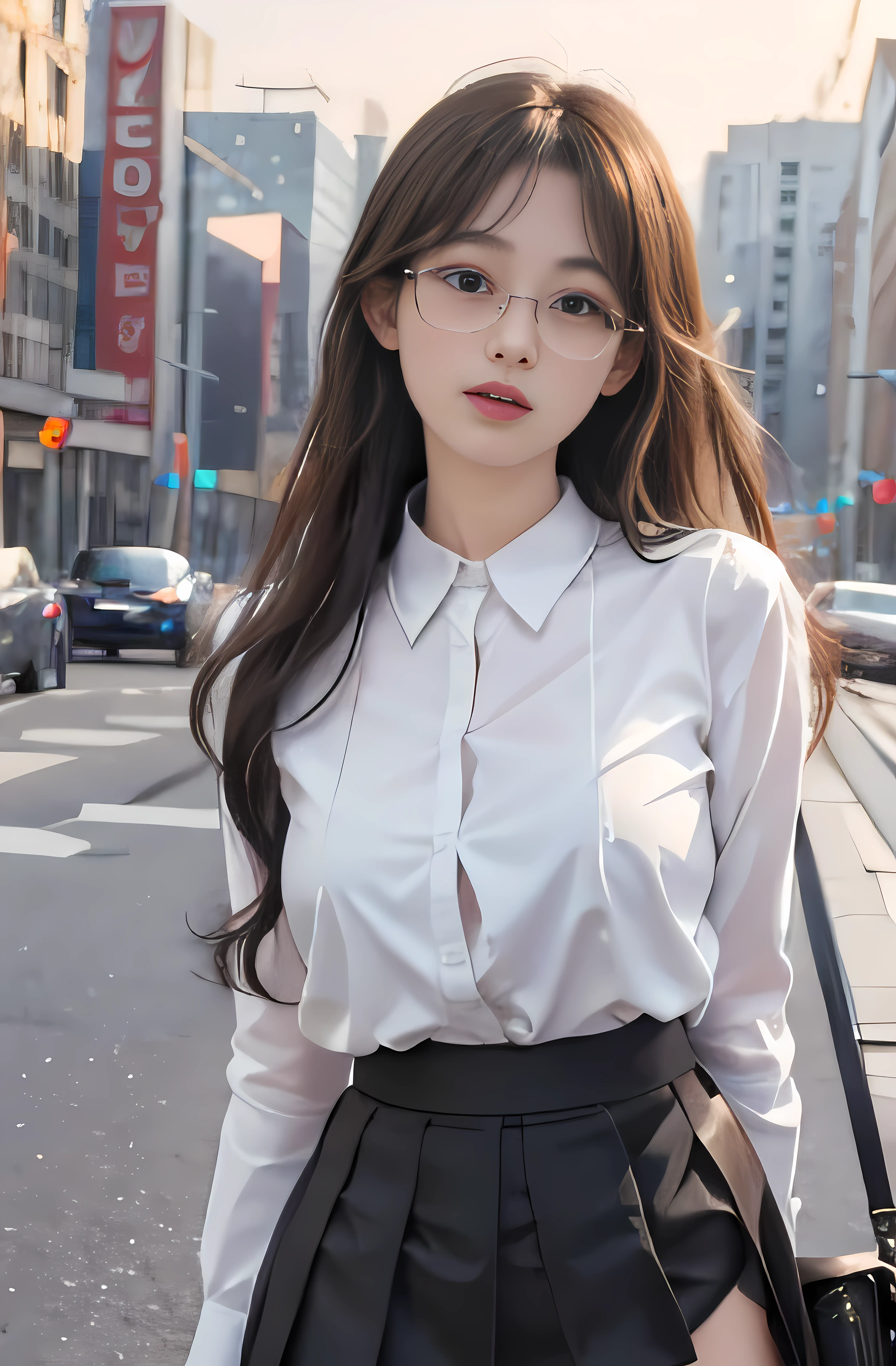 ulzzang-6500-v1.1, (raw photo:1.2), (photorealistic:1.4), beautiful detailed girl, very detailed eyes and face, beautiful detailed eyes, ridiculous, incredibly ridiculous, huge file size, super detailed, high resolution, very detailed, best quality, masterpiece, ((fashion clothing with diverse colors)), illustration, very detailed, CG, unified, 8k wallpaper, amazing, fine detail, masterpiece,best quality, very detailed CG uniform 8k wallpaper, light on face, movie lighting, 1girl, 16 years old, long white hair, side split, ((no panties)), (with glasses), ((dynamic pose))), (sexy pose))), (camel toe), (half), (pantyhose)), ((black hip skirt))