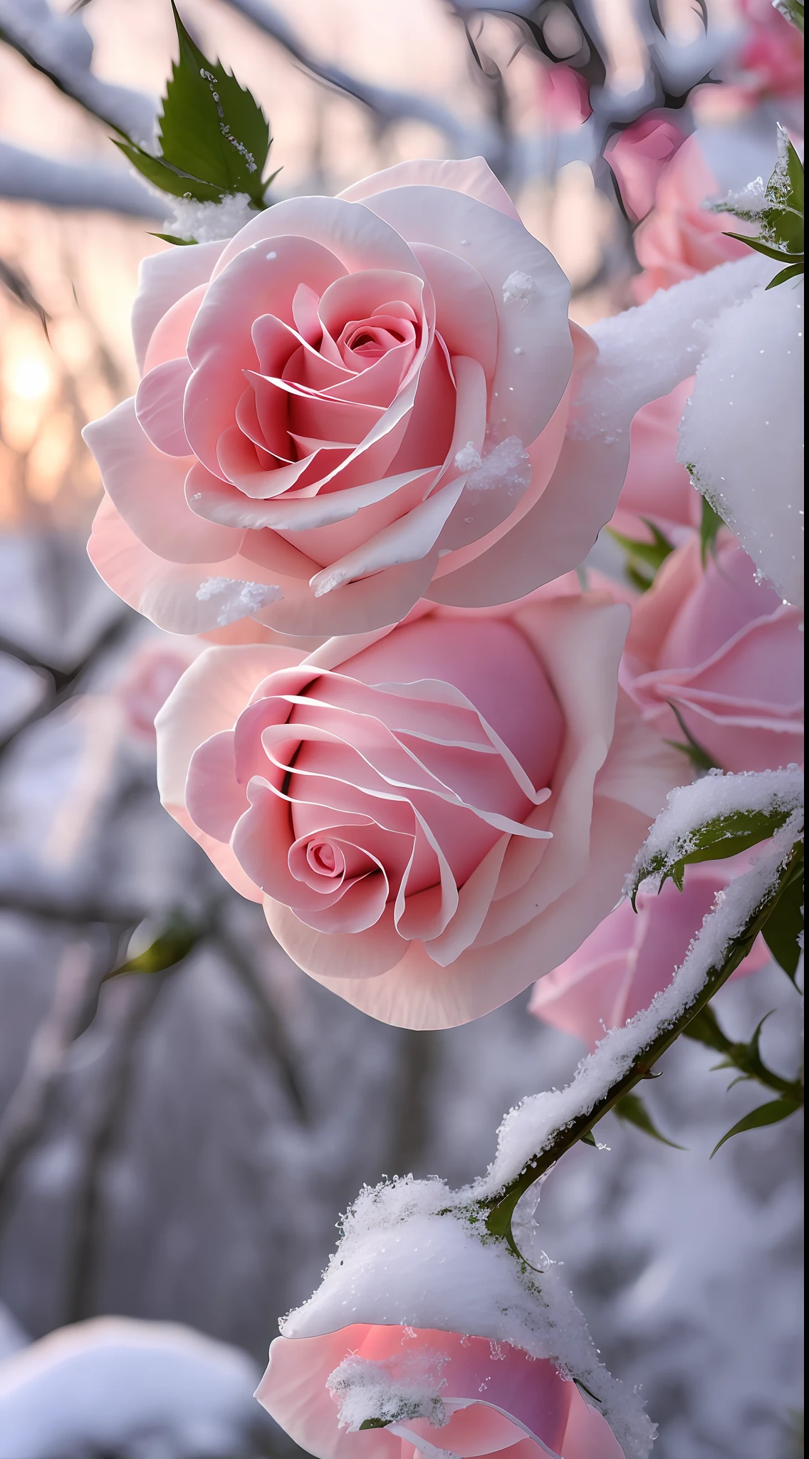 There is a rose in the snow on the tree, with frozen flowers around her, Dust and snow, very beautiful photograph of, Rose, Beautiful nature, Cold but beautiful, in shades of peach, beautiful flowers, Gentle snow, Today\'s featured photograph 4k, Pink rose, Beautiful composition, Really beautiful nature, Incredibly beautiful, !!Natural beauty!!, photo of a rose