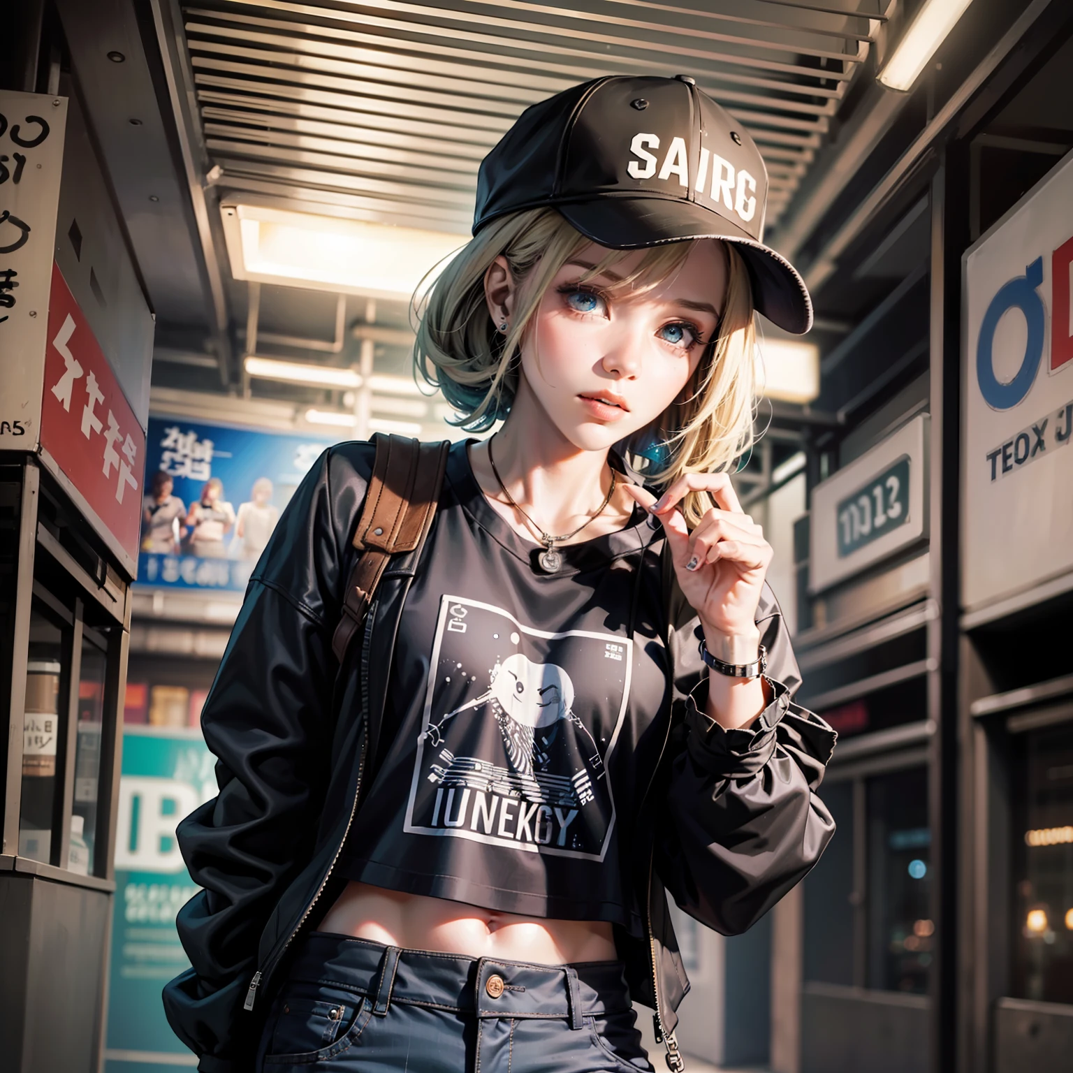 a close up of a person wearing a hat and a shirt, usando streetwear cyberpunk, roupa estilo cyberpunk, mechanic punk outfit, streetwear casual bonito, Cyberpunk Streetwear, estilo anime, she is wearing streetwear, Roupas de rua, kawaii shirt and jeans, roupas frescas, roupas cyberpunk, roupa cyberpunk, Inspirado em anime, roupas de moda cyberpunk, roupas de moda cyberpunk, e-menina, E - Menina