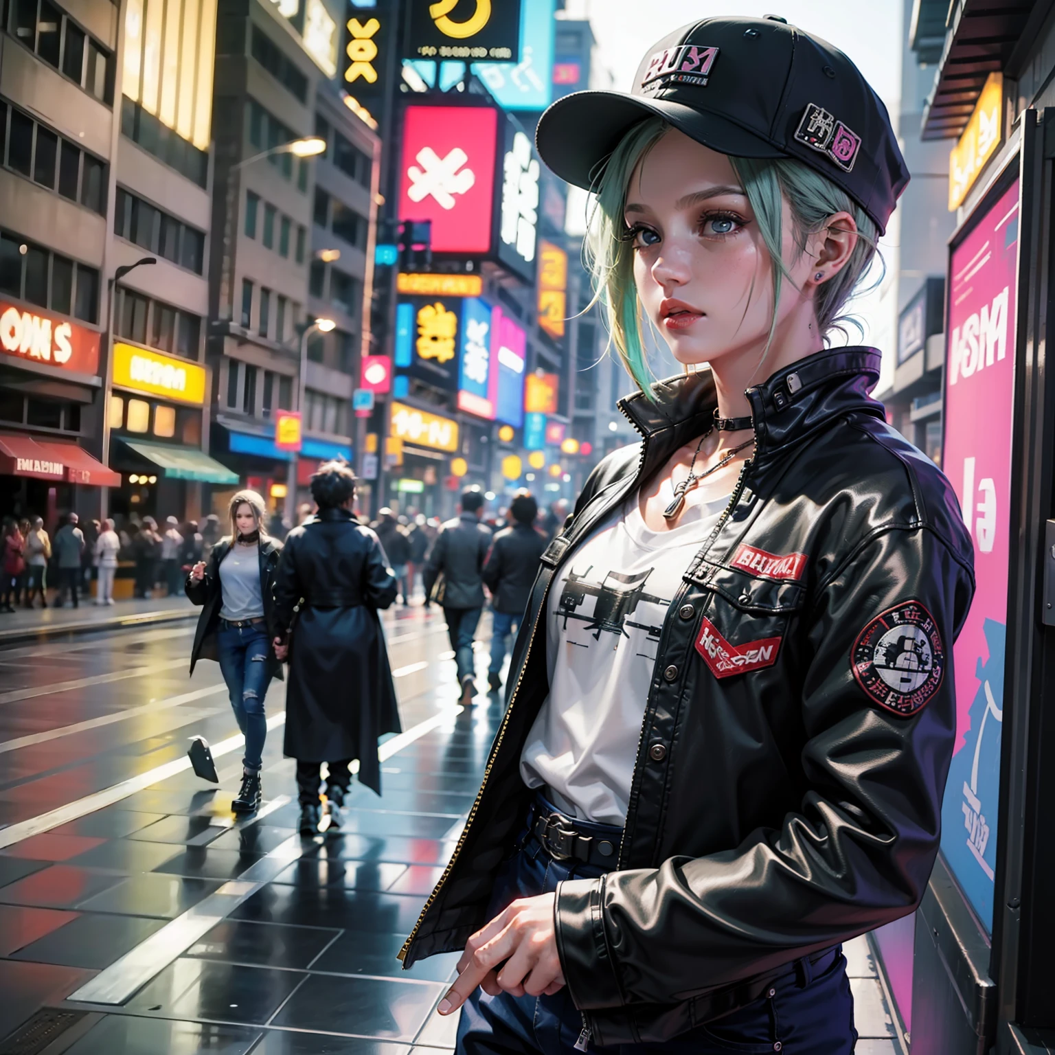 a close up of a person wearing a hat and a shirt, usando streetwear cyberpunk, roupa estilo cyberpunk, mechanic punk outfit, streetwear casual bonito, Cyberpunk Streetwear, estilo anime, she is wearing streetwear, Roupas de rua, kawaii shirt and jeans, roupas frescas, roupas cyberpunk, roupa cyberpunk, Inspirado em anime, roupas de moda cyberpunk, roupas de moda cyberpunk, e-menina, E - Menina