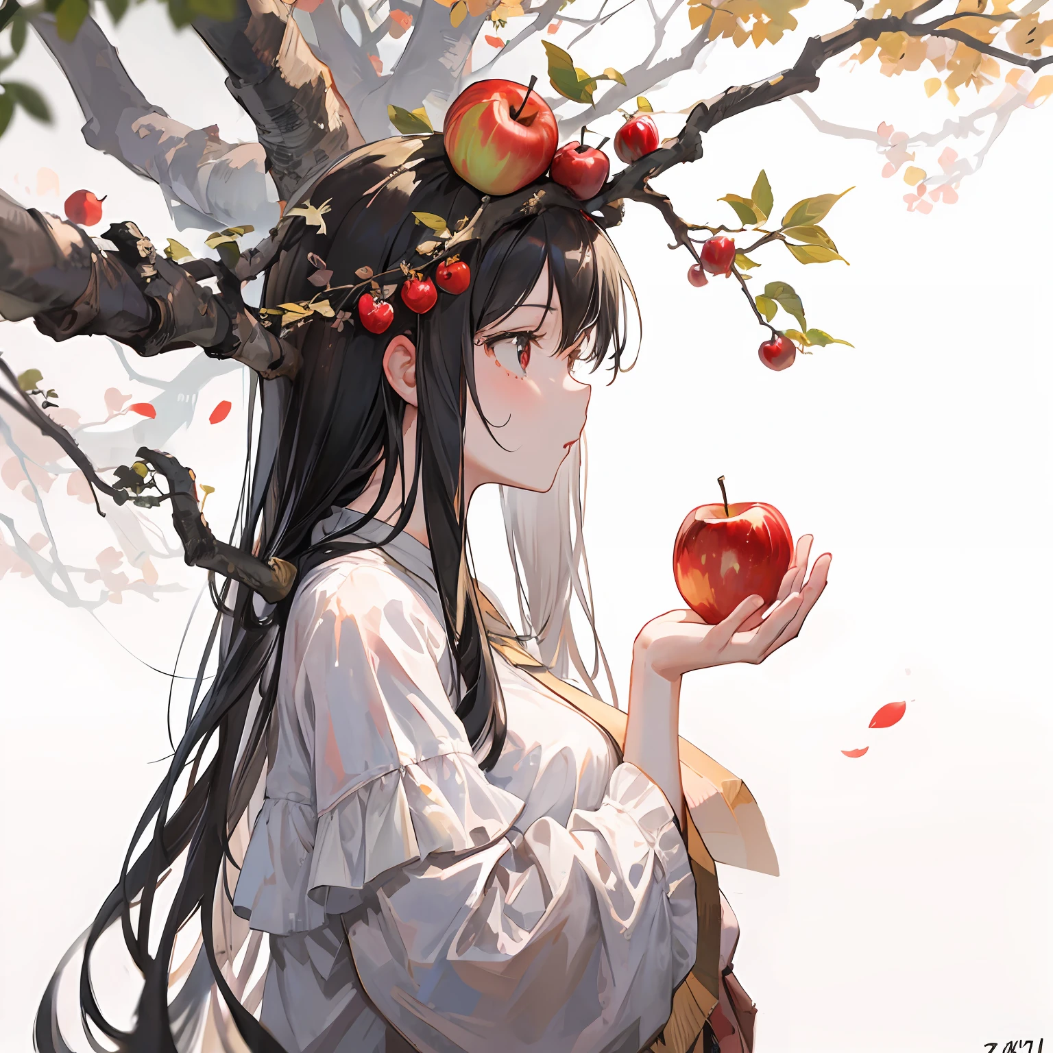 from side,profile,apple tree,1girl in,tree branch on head,tree branch on body,wooden hands,branch, fractral,eat