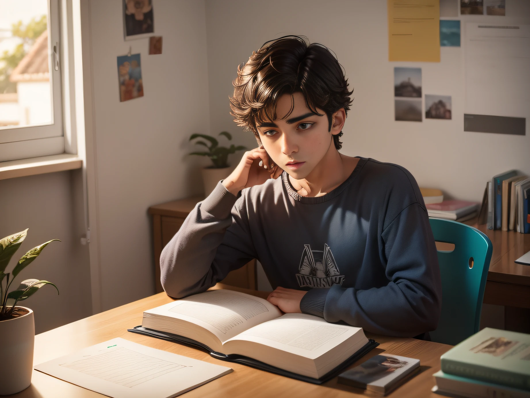 um  concentrado estudando em seu quarto, com seu livros, cadernos uma imagem masi desenhada