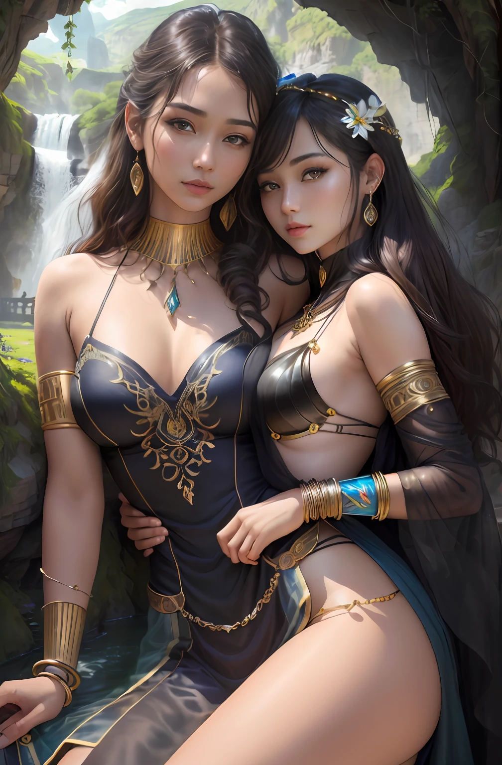 ((Realistic:1.5)),Ulzzang-6500:1.4,((Best quality)), ((Masterpiece)),((Detailed)),2girls,duo,{2 beautiful women}, (Upper body:1.3),Hug and touch each other, Tease your friend's waist, Breathless friends, Biting a friend's earlobe, crouched,super wide shot,Face focus, Long legs,Curvy, Barefoot,Wide hips, Thin legs, Oversized eyes,Long eyelashes, (Detailed face,beautidful eyes, detailedpupils,detailed clothes features, Clear background:1.3), (armlets, bangle:1.3), Mysterious ancient ruins, floresta exuberante, Deep canyon,bridge,River,cliff,Cloud,lakes,Rock music,Waterfalls, Flowers, Grass,grape trees,tree,bright detail,Sharp,Perfect compounding, Intricate, Sharp focus, Dramatic,