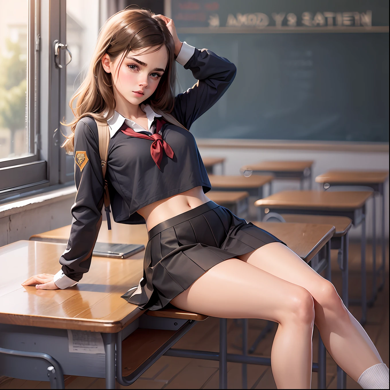  emma watson as a sexy schoolgirl lying on the desk. tight intricate school uniform. crop top. slender body. classroom. day. background blackboard. pleated skirt.