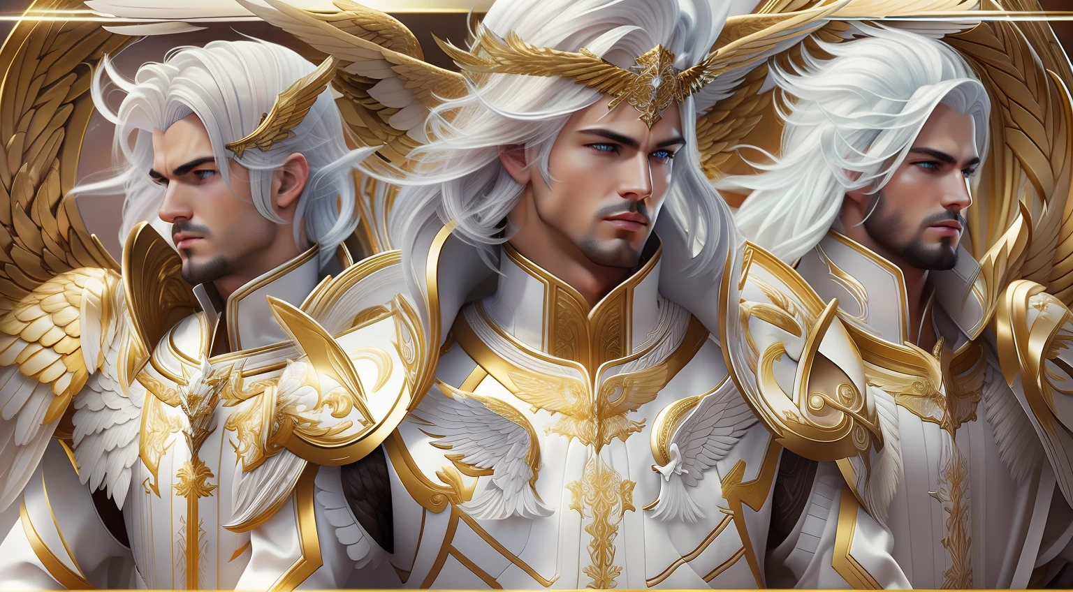 Close-up of 3 angels (Male), (three imposing male angels), with white hair and wings, with white heavenly armor and golden details, majestic angels with a full body, male halo, archangel, --v 6