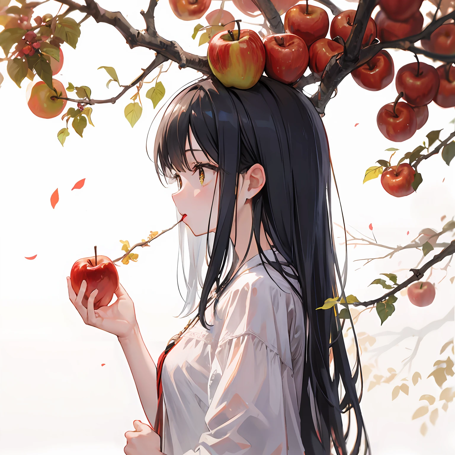 from side,profile,apple tree,1girl in,tree branch on head,wooden hands,branch, fractral,eat