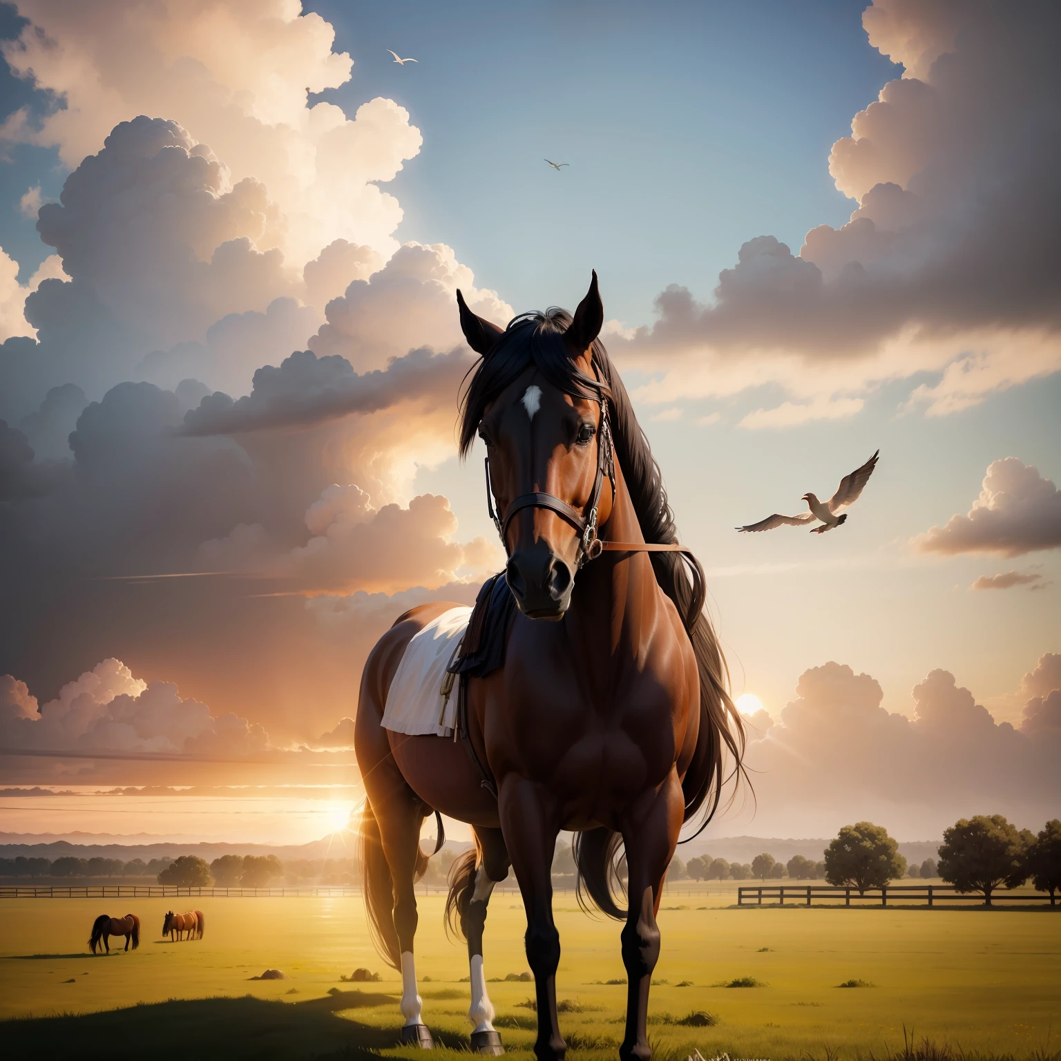 Obra de arte , horses pasture portrait for frame cachoeria in the background sun clouds birds