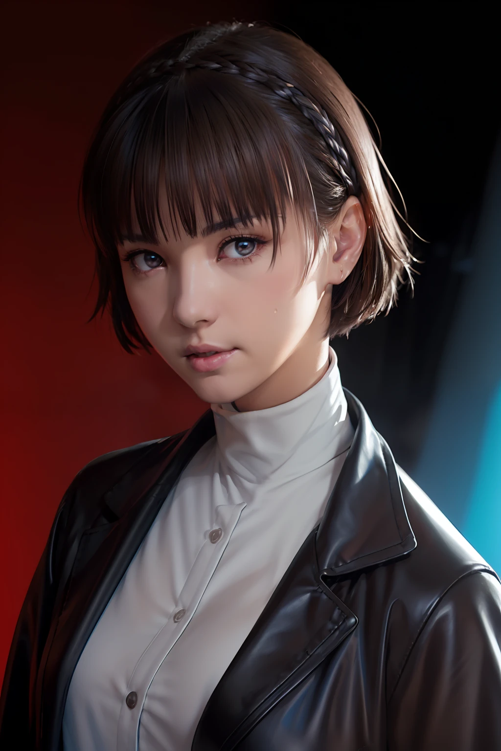 (((raw photo,8k))),(photorealistic:1.3),(masterpiece), (best quality), ultra high res, (best illustration), photon mapping, radiosity, best shadow, portrait, (solo:1.5),1girl,(Niijima Makoto), ((angry expression)), (brown short hair with bangs), ((wearing a soft brown overcoat and a white shirt )), beautiful detailed red eyes, medium breasts, (((black background, blue lighiting, blue backlighting, studio lighting))), looking at viewer, smooth, film, photographed with a Fujifilm XT3, Fujicolor, Fujifilm 35mm f/1.4G lens, with CYBERPUNK 640T COLOR FILM 36EXP 35MM CINE FILM