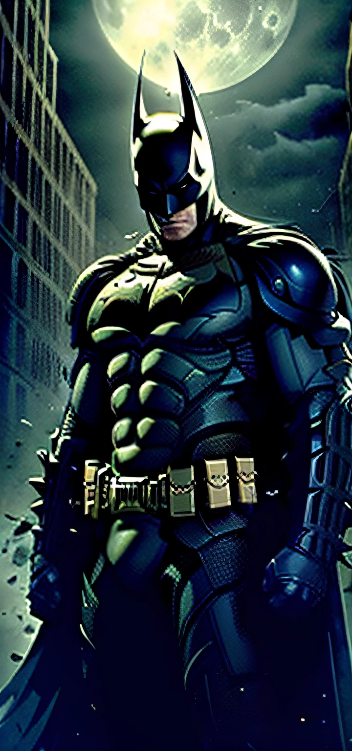 Batman of the Dark Knight is imposing in a lost Gothic city. Moonlight highlights your muscles and scars. The scenery is lush and mysterious, with futuristic technology and surroundings.