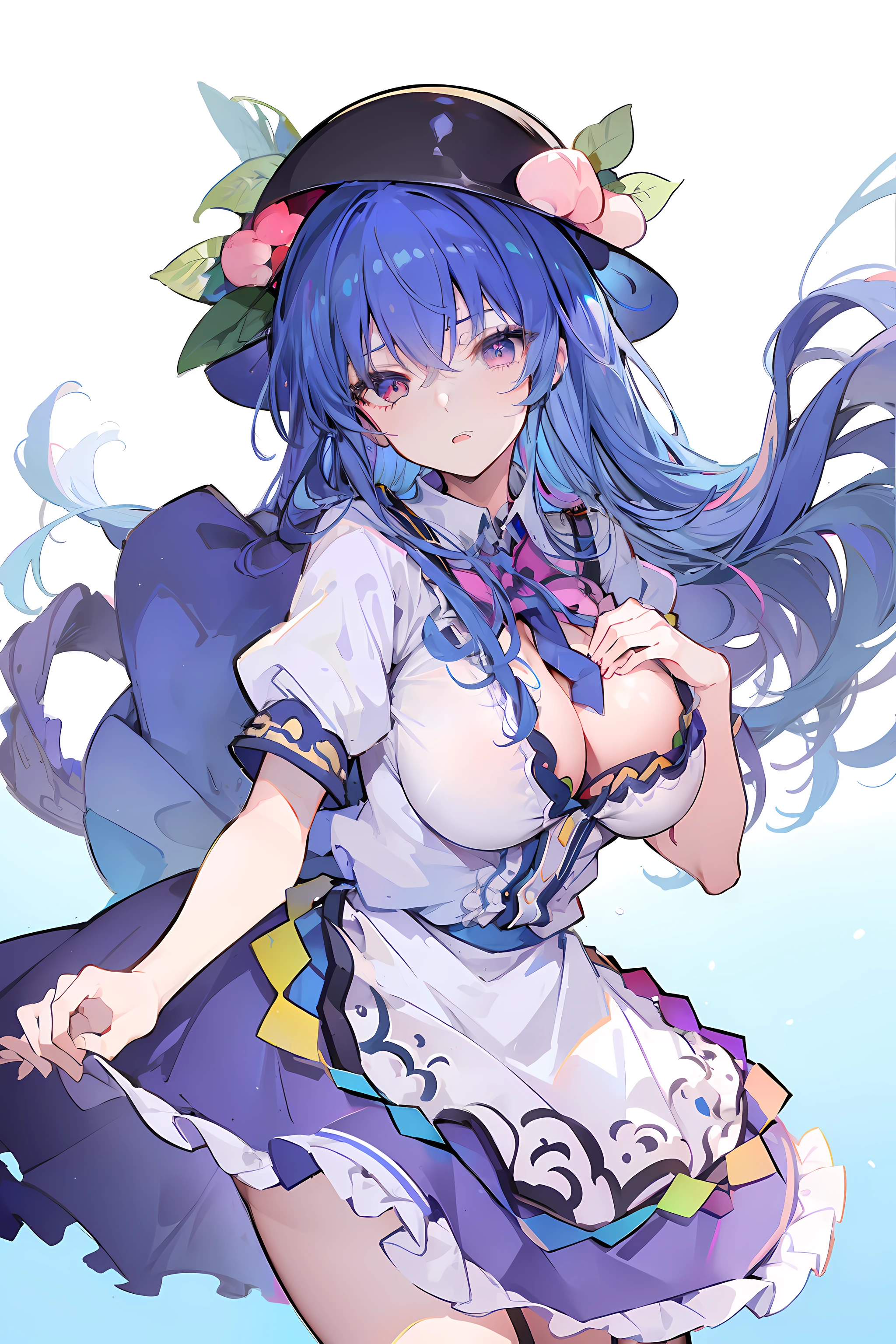 (masterpiece),best quality, expressive eyes, perfect face, 1girl,
big breast, H-cup, good breast, hands on waist,beautiful, gorgeous,anime,girl,lora,hinanawi tenshi, blue hair, blue haired,tent boobs, tent chest, tent breast, floating clothes,chest grab, hands on breast, grabbing breast