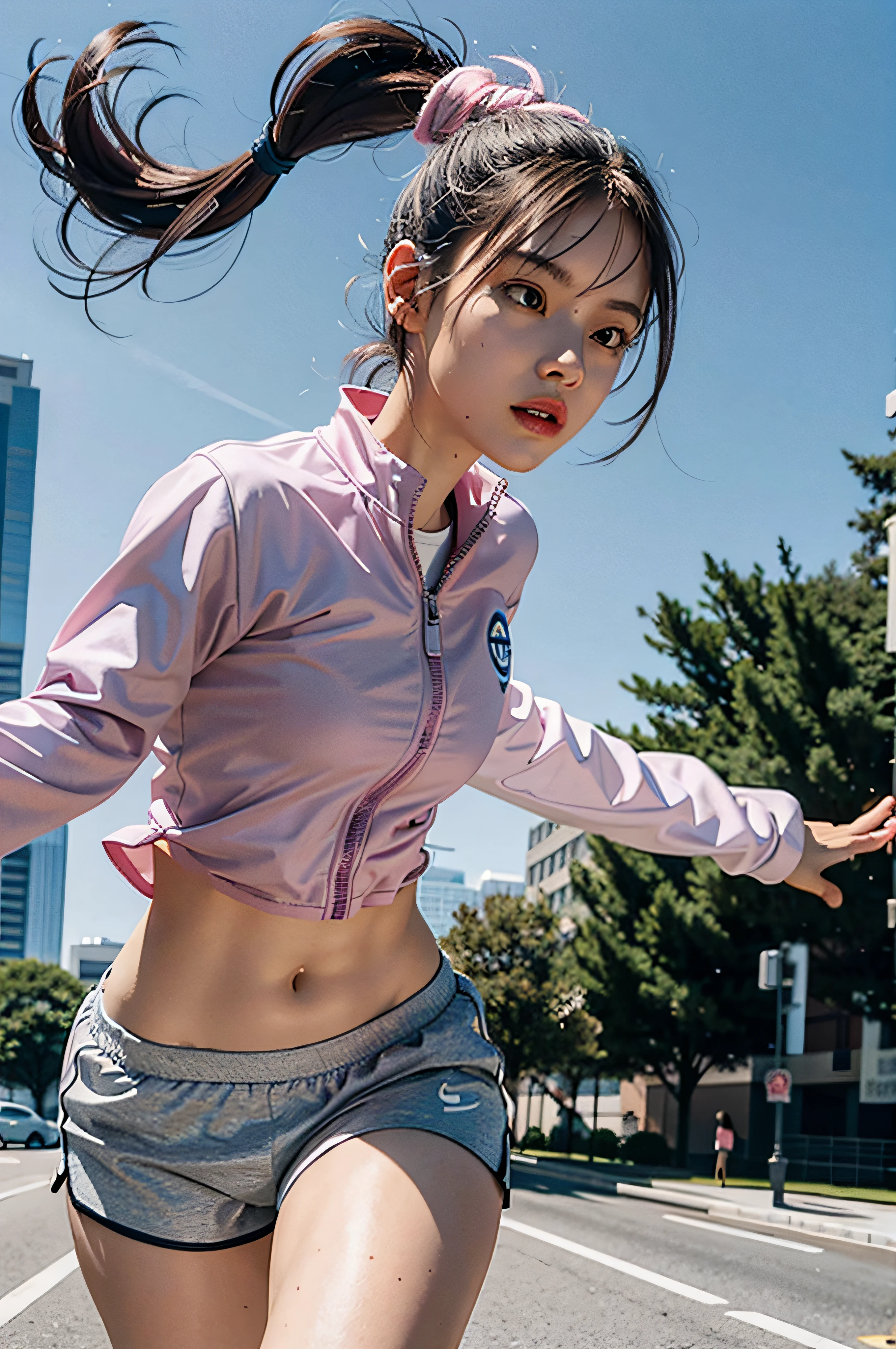 1 girl, solo, running, Gray Track Top, pink shorts, ponytail, athletic build, dynamic brushstrokes, fluid movement, capturing the essence of her athleticism and energy, using light colors and soft tones to create a dreamy and ethereal atmosphere, portraying the motion and grace of running, showing the wind blowing her ponytail and clothes, and the scenery of her surroundings.
outdoors, detailed background, Modern metropolis,
