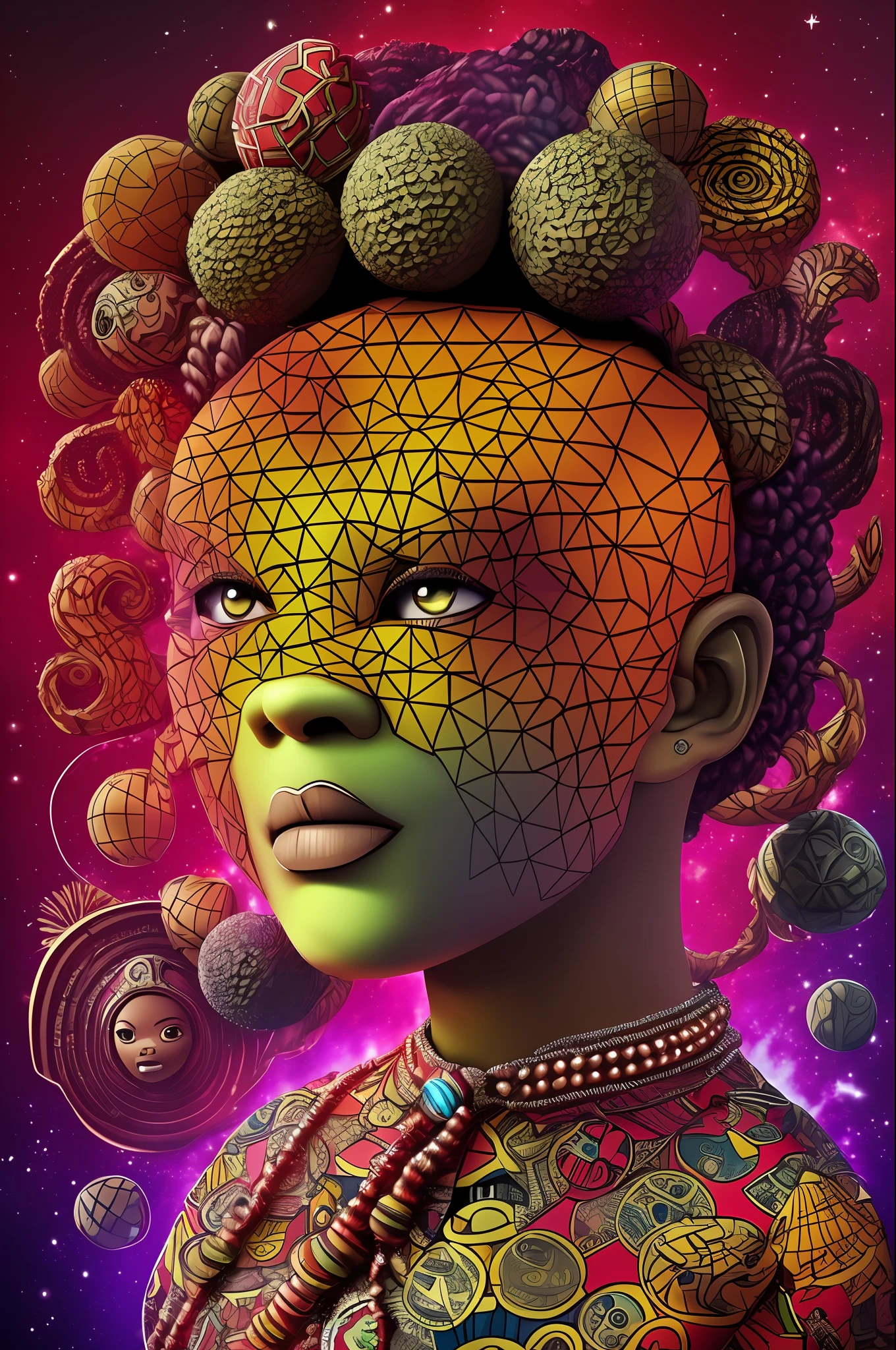a rock like sentiant creture thats just a head that has a ton of amythest crystals and looks super cartoony and looks like a final boss of a classic roblox game, electric colors, vantablack, ankara outfit, benin kingdom, yoruba, adrian donoghue, desert background, african, black woman, stranger things, ray tracing reflections, glossy, realistic --auto --s2