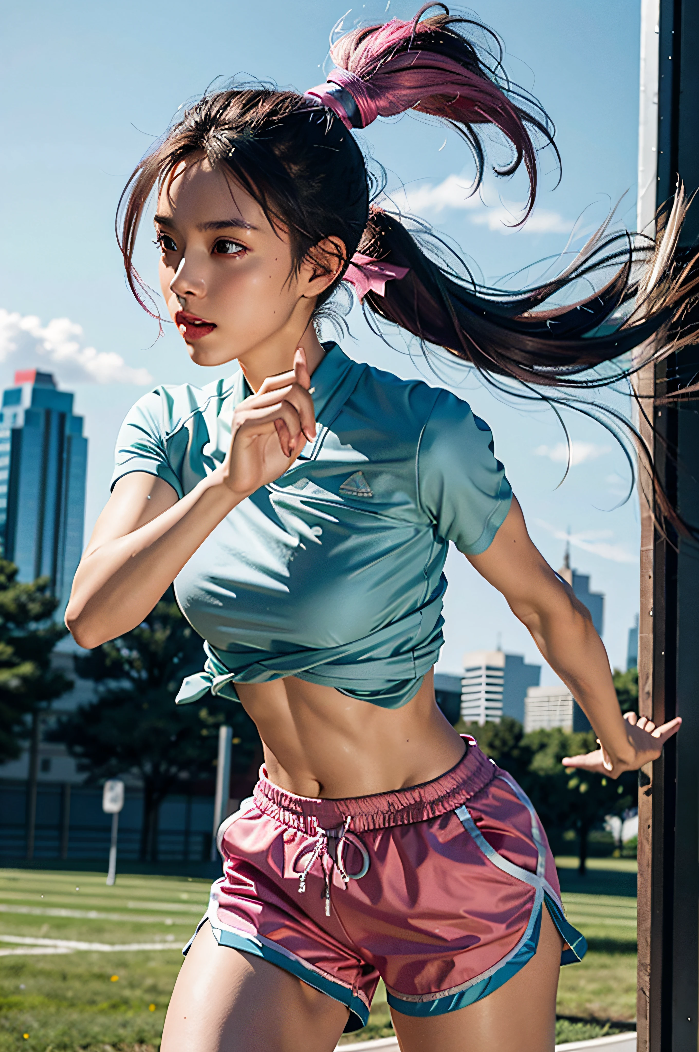 1 girl, solo, running, Gray Track Top, pink shorts, ponytail, athletic build, dynamic brushstrokes, fluid movement, capturing the essence of her athleticism and energy, using light colors and soft tones to create a dreamy and ethereal atmosphere, portraying the motion and grace of running, showing the wind blowing her ponytail and clothes, and the scenery of her surroundings.
outdoors, detailed background, Modern metropolis,
