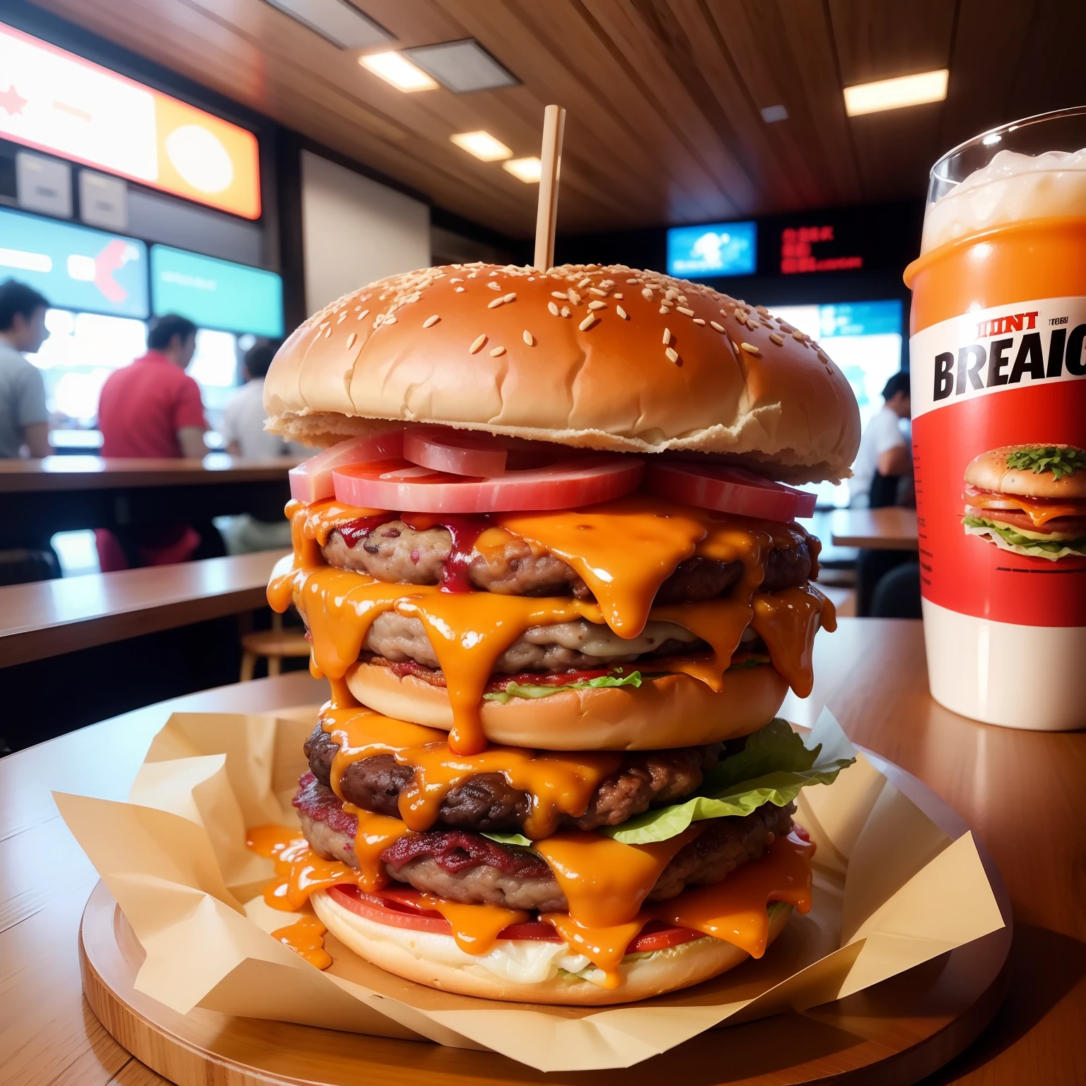 Giant burger、It looks delicious、Juicy、top-quality masterpiece 超A high resolution drinks