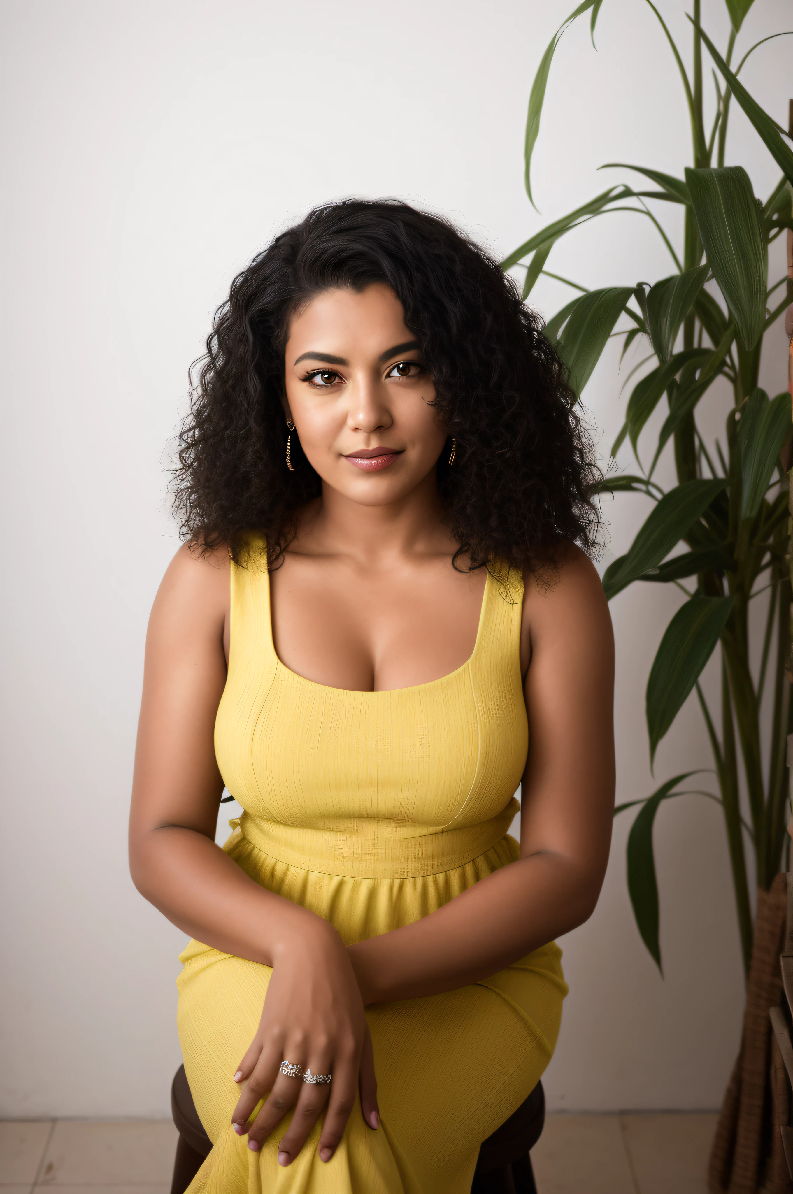 there is a woman sitting on a chair in a yellow dress, Justina Blakeney, mixed race woman, Malika Favre, mixed race woman, Alanis Guillen, foto headshot, vestindo croptop amarelo, em um Canva amarelo, Retrato headshot, Retrato promocional, head and shoulders photography, foto de uma mulher negra, Foto de perfil do headshot, alegre