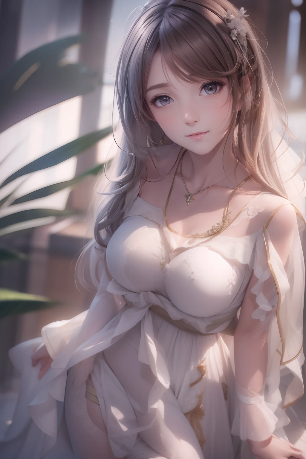 Best Quality, Masterpiece, High Resolution, 1 Girl, Porcelain Dress, Hair Accessories, Necklace, Jewelry, Beautiful Face, Physically, Tyndall Effect, Realistic, Dark Studio, Edge Lighting, Two-tone Lighting, (High Detail Skin: 1.2), 8K UHD, DSLR, Soft Light, High Quality, Volumetric Light, Voy Shot, Photo, High Resolution, 4K, 8K, Background Bokeh, Full Body View, White Slip Stockings, In Asanagu