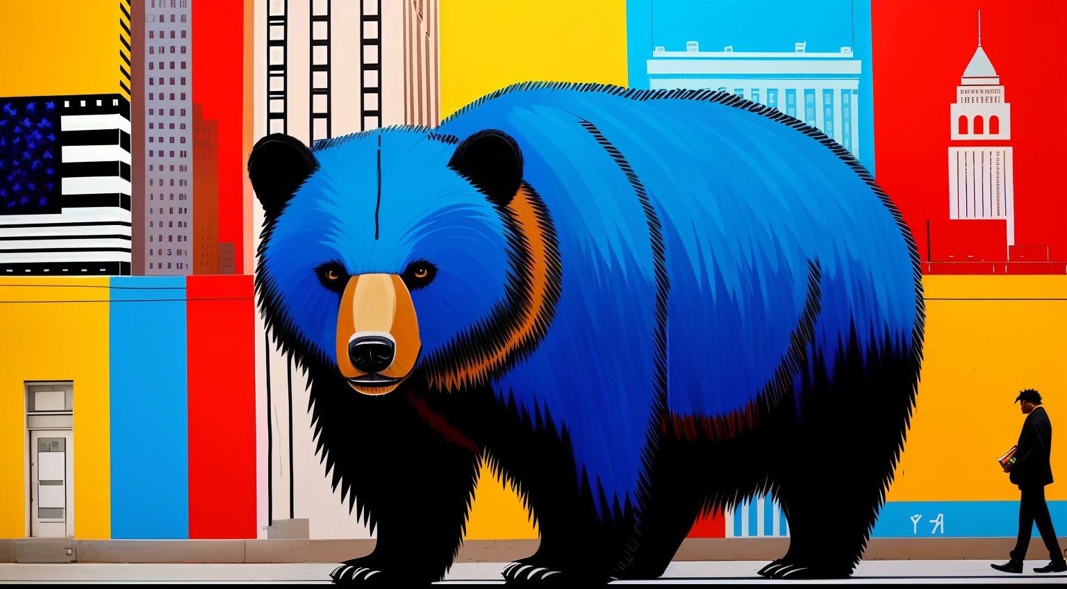 １a bear、Like Basquiat's paintings、Wall Street、buliding、newyork、cache、money、Detailed light、an extremely devious and beautiful、ful