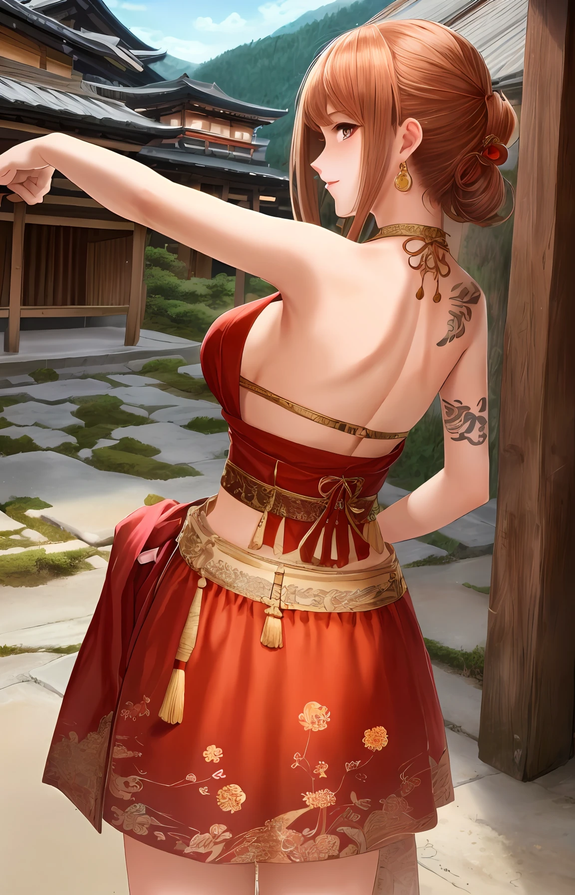 Masterpiece, ((Ultra detailed backgrounds, Delicate pattern, intricately details)), (Highly detailed, Fine details), Best quality, ((Medium breasts, Slim girl)), Nanchan, 1girll, Orange hair, Solo, Long hair, jewelry, ((Medium breasts, Slim girl, Japanese clothes, komono, left shoulder tattoo)), hair adornments, Brown eyes, Smile, Earrings, (complex detailed background, outside, urban surroundings, traditional japanese town environment, Japan architecture, Cowboy shot, From behind, Holding, money, banknotes),