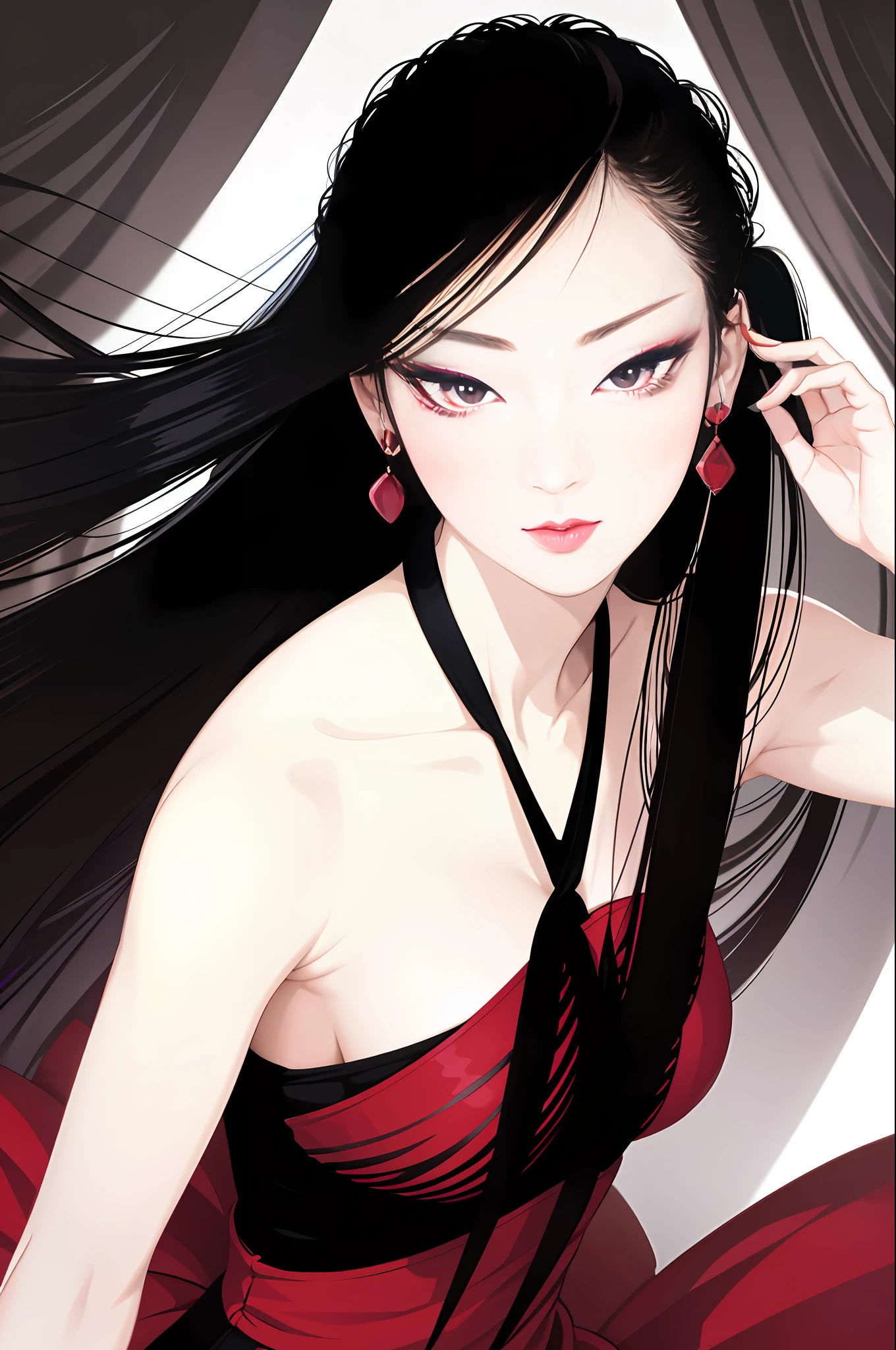 tsuruta ichiro, Narrow-eyed, 1girl in, Allback、deadpan、short-hair、shorth hair、brow、Reluctance、A dark-haired、Tucked Hair Solo, Cowgirl, Onepiece, ((mideum breasts)), Thin slit eyes、Black eyes, Light shines on the eyes、Black hair, gloves, Dress, Luxurious Jewelry, earrings, sharp eye、 elbow groves,Raise your hands and tie your hair back, random color, random color dress, Makeup for long eyes, Slender eyes、lip stick, Complex petal pattern, Rim Light, Back Light, pastel color,Studio Lighting
